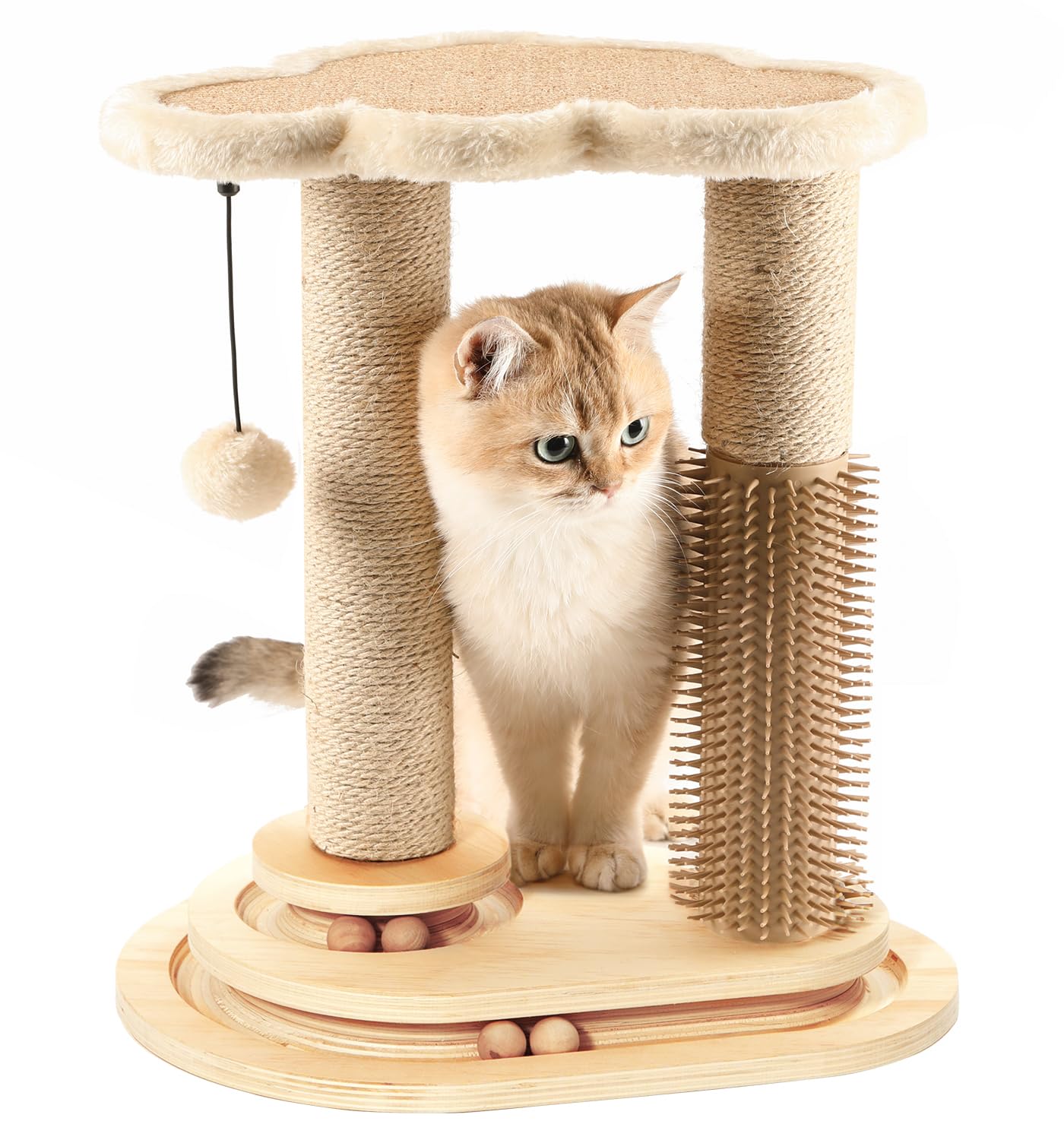 Made4Pets Cat Scratching Post, Cat Self Groomer for Indoor Cats, Cloud Soft Perch for Rest, 17.5" Tall Natural Sisal Scratcher Cat Grooming Interactive Ball Track Toys for Small Cats Kittens
