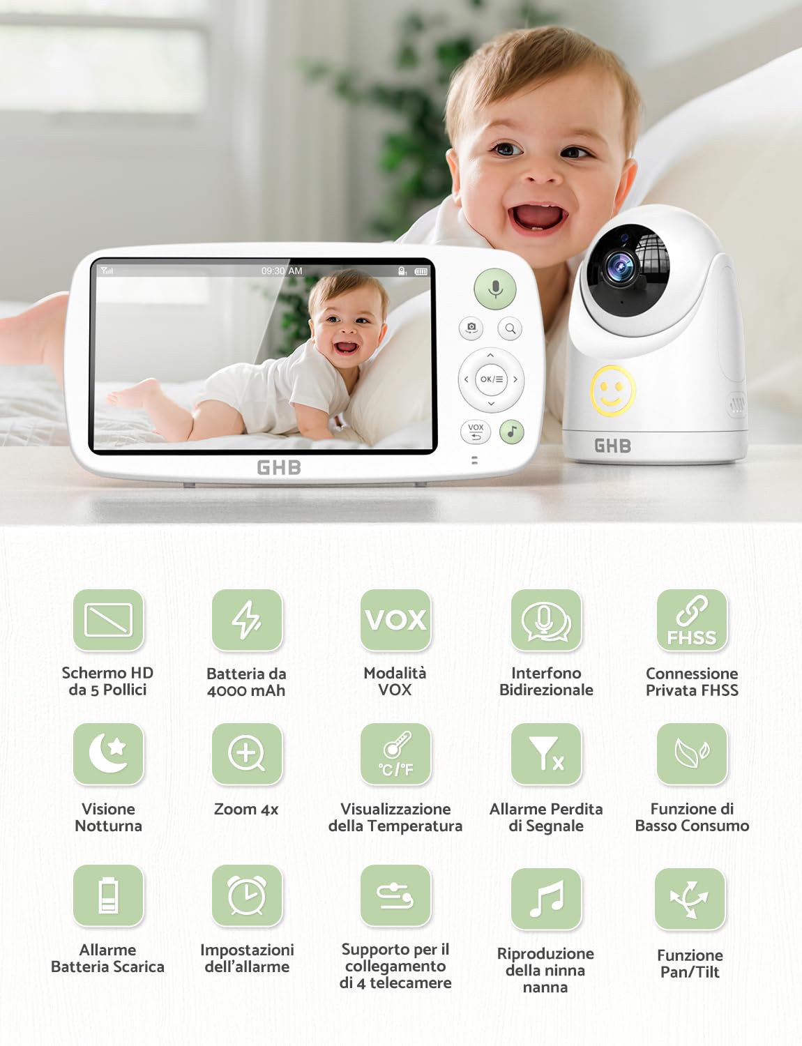 GHB Baby Monitor Video e Audio Schermo 5'', 350°/110°, 168 Ore di Autonomia, HD 1080P, Modalità VOX, Visione Notturna, Rilevamento della Temperatura, Ninne Nanne
