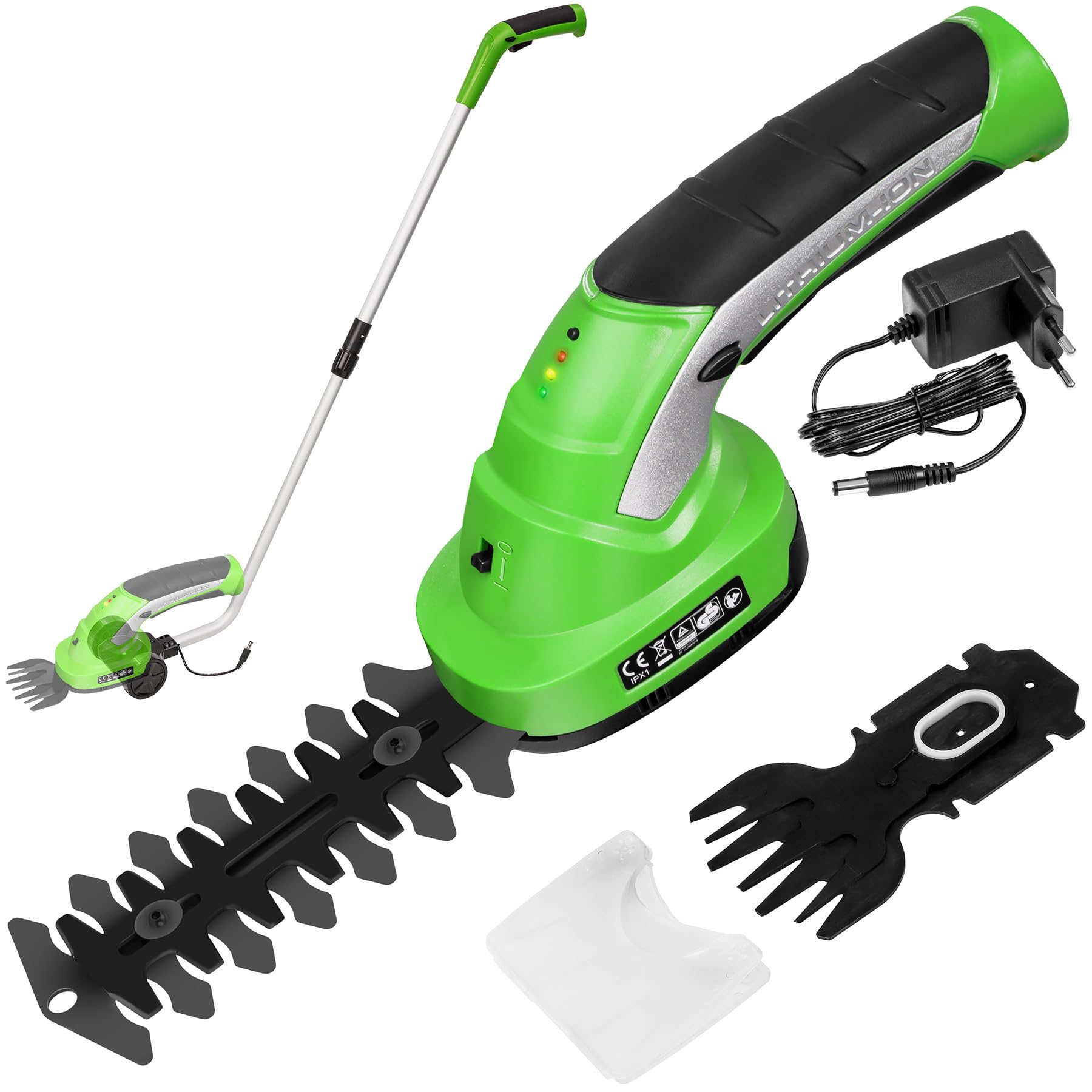 TecTake® Cortacesped Electrico 2 en 1, Cuchilla para Setos y Arbustos, 7,2V, Incluye 2 Cuchillas, Desbrozadora Electrica, Mango Telescópico con Ruedas, Cortasetos Electrico, Indicador de Carga - Verde