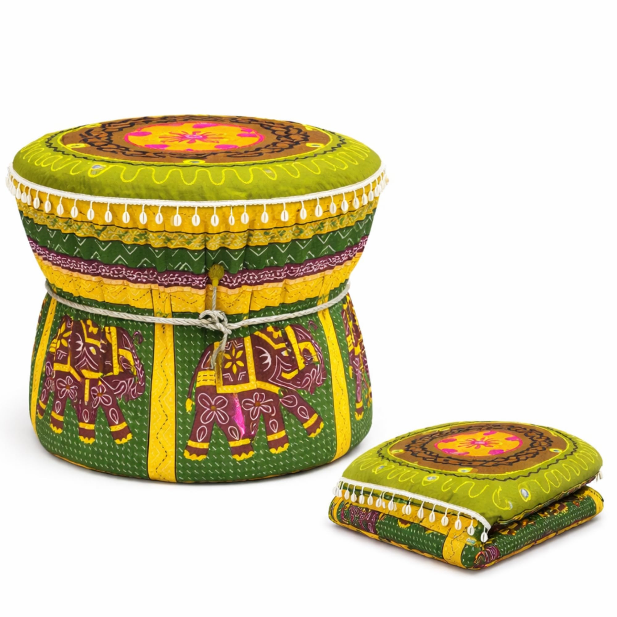 Handcrafted Muda Cover Green & Yellow Colorful Elephant Pure Cotton Pouffs with Floral Embroidery Decorative Ottoman for Living Room & Balcony Seating Set of 1 Piece Cover ONLY-image-28