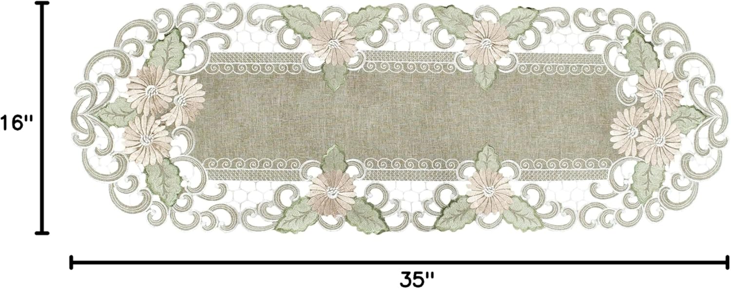 LINENS ART AND THINGS Embroidered Table Runner Gold Daisy Fleur Latte Dresser Scarf Doily (15Wx34L)