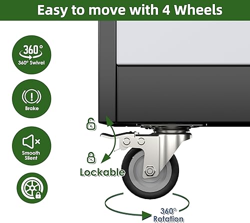 Miniatura 7 de Armario de almacenamiento de escoba con ruedas, 5 tableros de clavijas y 13 ganchos, armario de almacenamiento de metal con puertas y 4 estantes