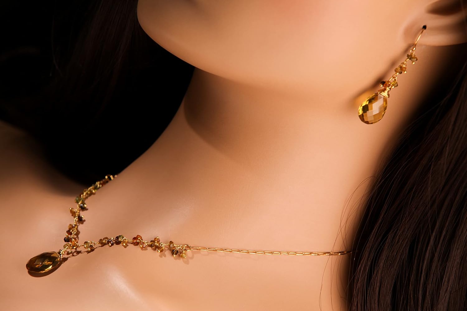 Whisky Quartz Teardrop Pendant, Petro Amber Tourmaline Wire Wrapped Necklace, Matching Earrings Jewelry Set in 14k Gold Filled Handmade Gift