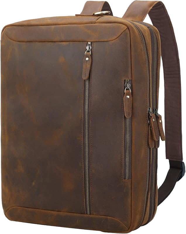 TIDING Vintage Leather 15.6" Laptop Briefcase Convertible Backpack for Men | Large 3 in 1 Business Work Handbag Brown Travel Crossbody Shoulder Bag