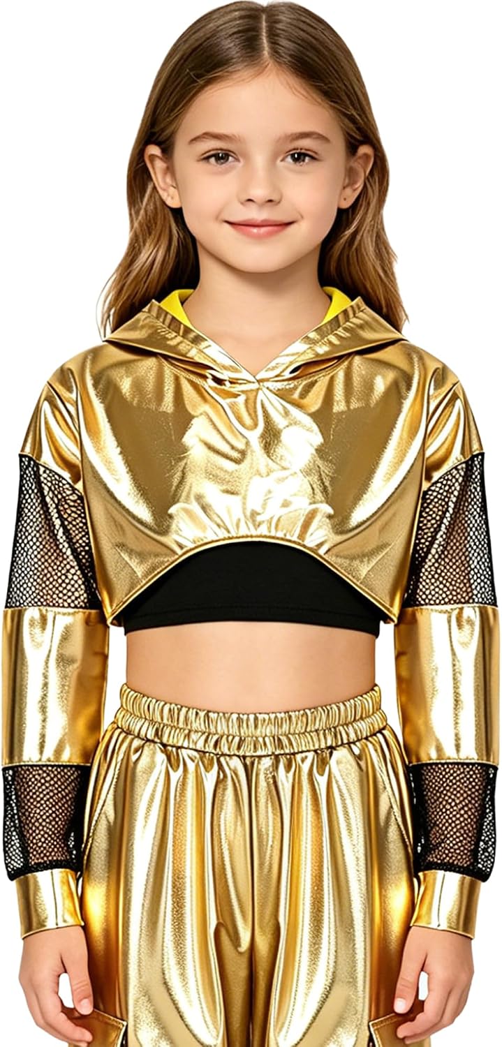 Mufeng Girls Metallic Shirts Hooded Sweatshirt Hoodie Crop Tops Jazz Dance Top Hip Hop Dancewear for Vacation