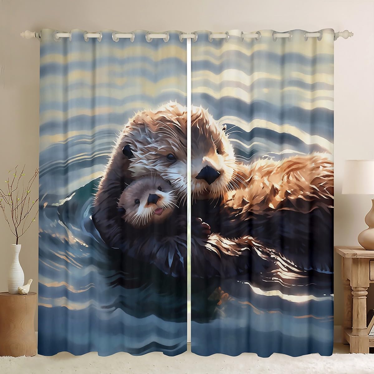 Homemissing Lovely Otter Window Drapes Treatments Otter Family Curtains for Kids Boys Girls Cute Wild Animals Window Drapes Cartoon Otter Window Treatments, W52*L90,2 Panels