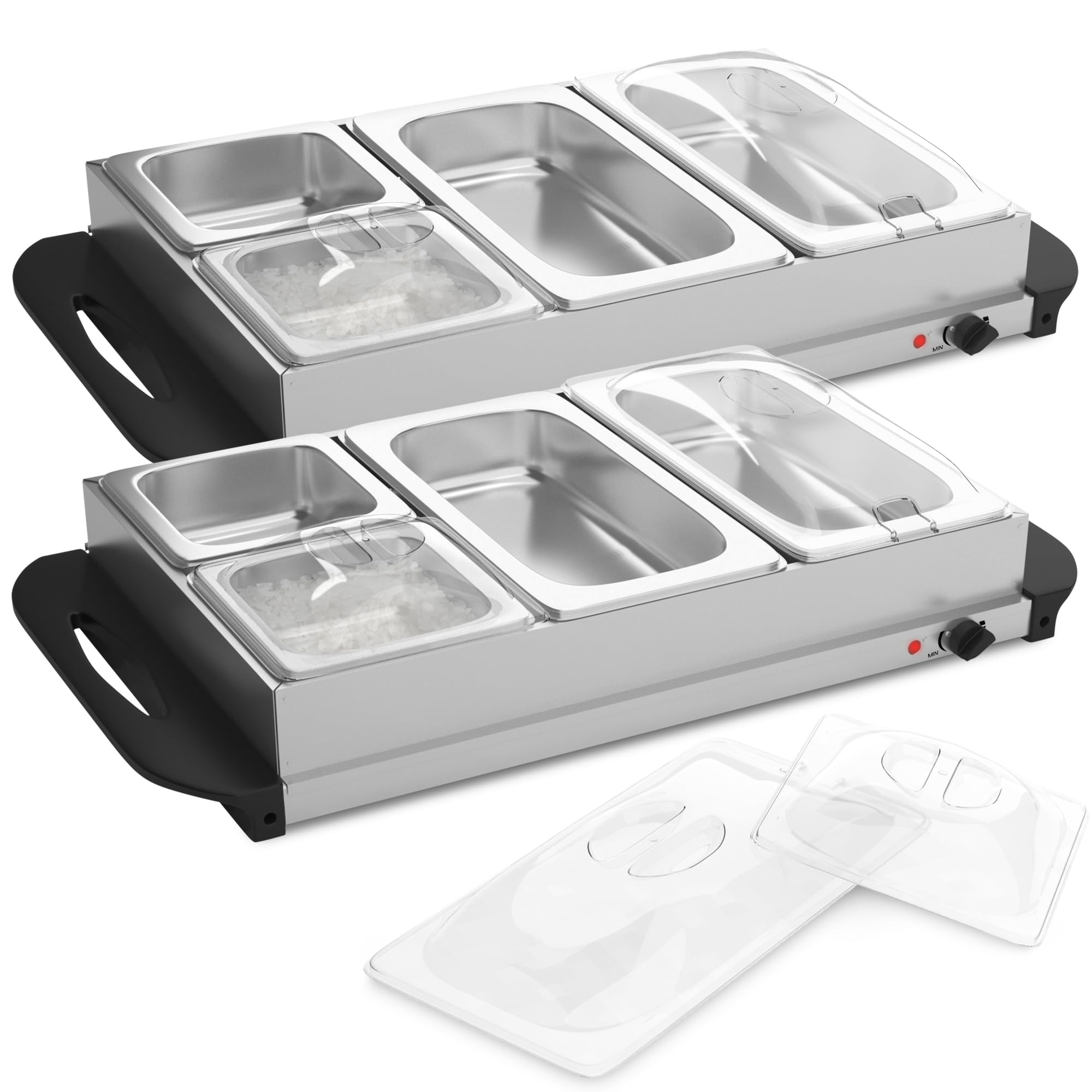 Jago® Chauffe-Plats Électrique - en Acier Inoxydable, Maintien de la Température, Couvercles Transparents - Chauffe-Buffet, Chafing Dish (8 Récipients / 4 x 2.5L + 4 x 1L (14L))