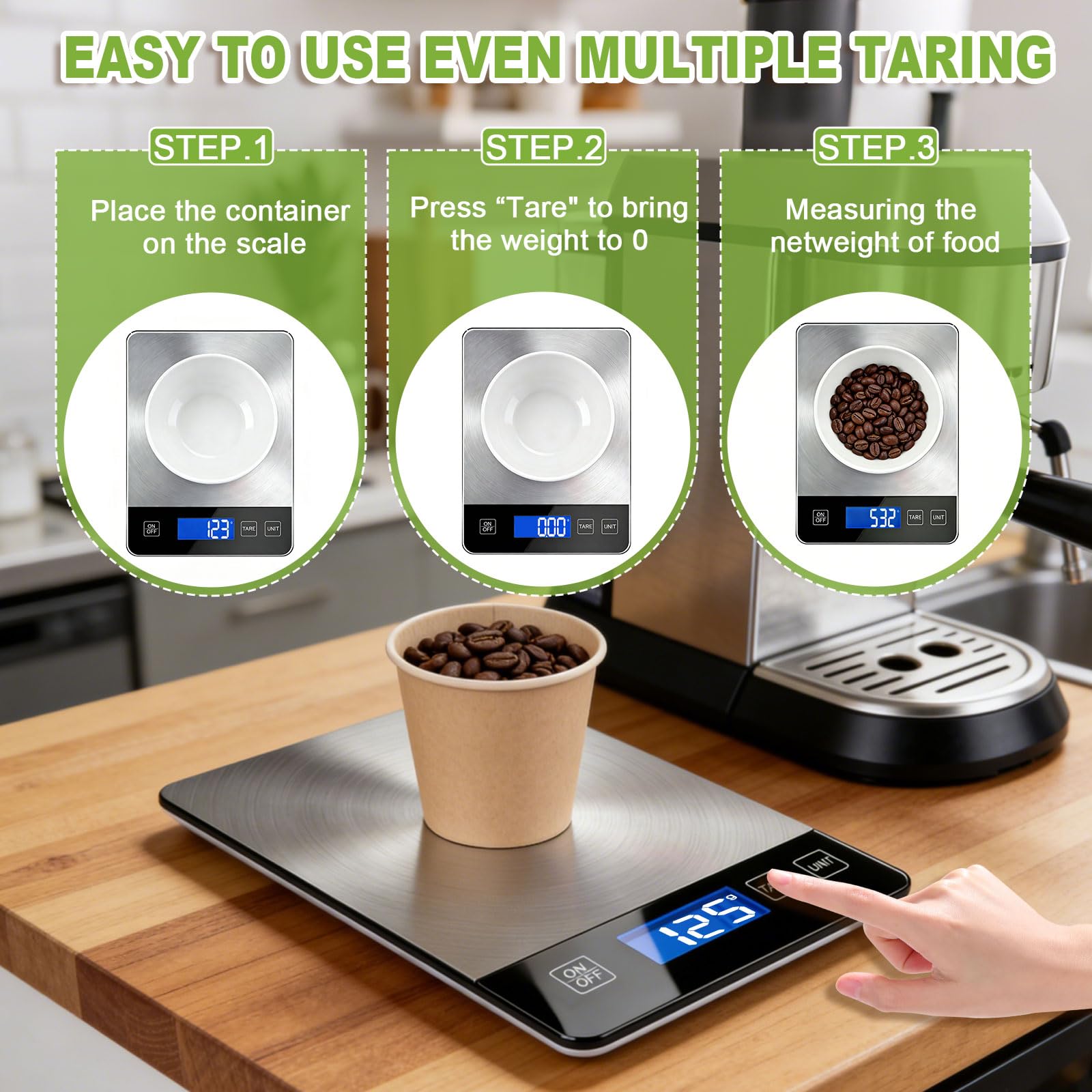 Digitale Küchenwaage, 15 kg, misst präzise Gramm und Unzen zum Backen, Kochen und Vorbereiten von Mahlzeiten, wiederaufladbarer 304 Edelstahl mit LCD-Display, Batterien und USB-Ladegerät im