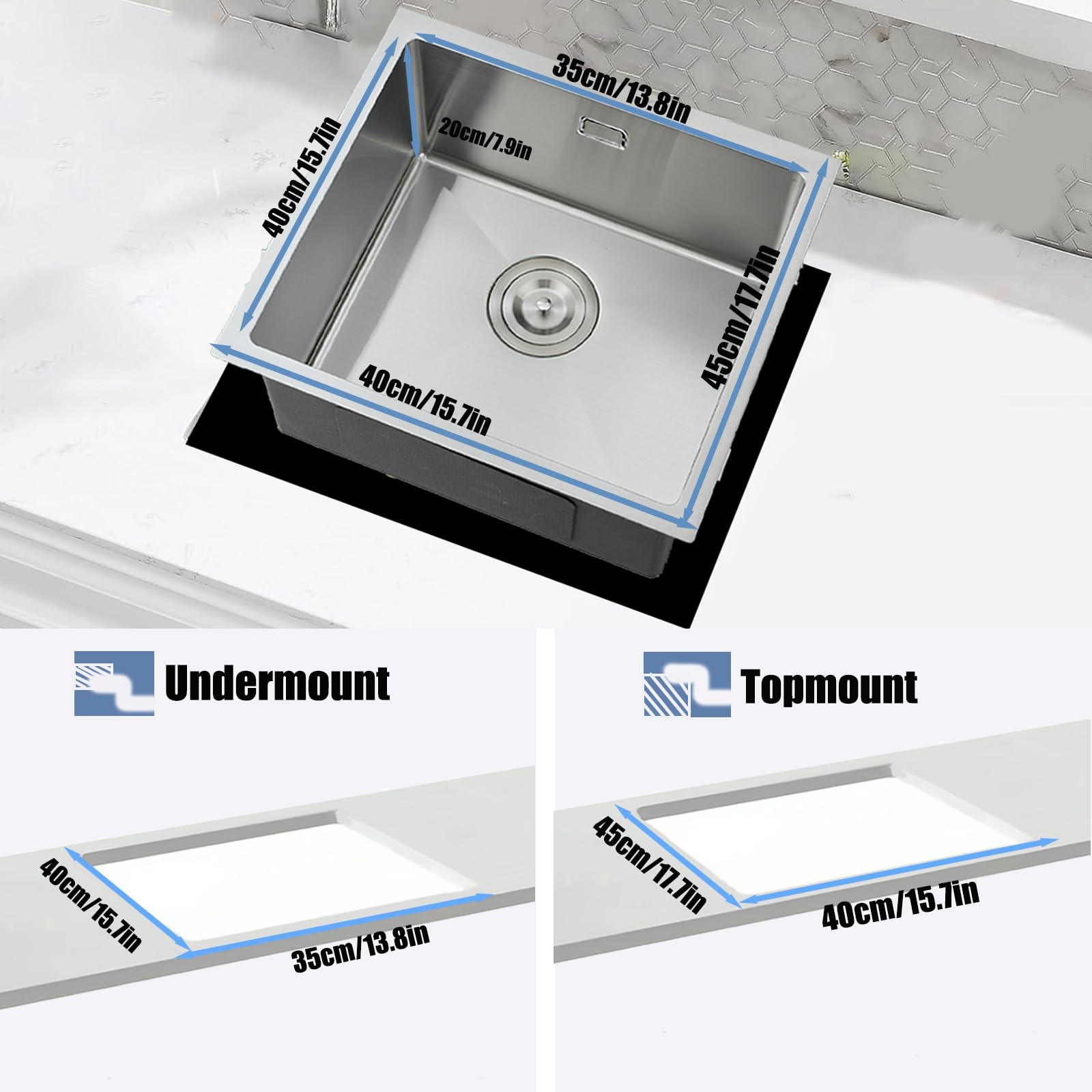 Evier Cuisine 40 X 45 cm, Evier Inox 1 Bac, Brossé | Montage Encastré, Sur Plan Ou Sous Plan, Avec Trop-Plein Et Filtre de Vidange, Idéal Pour Appartement Et Chalet