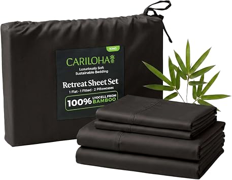 Cariloha Retreat 4-Piece Sateen Sheet Set | Black Sand | King | Lyocell Material | Breathable, Corner Straps, Extra Soft & Cooling