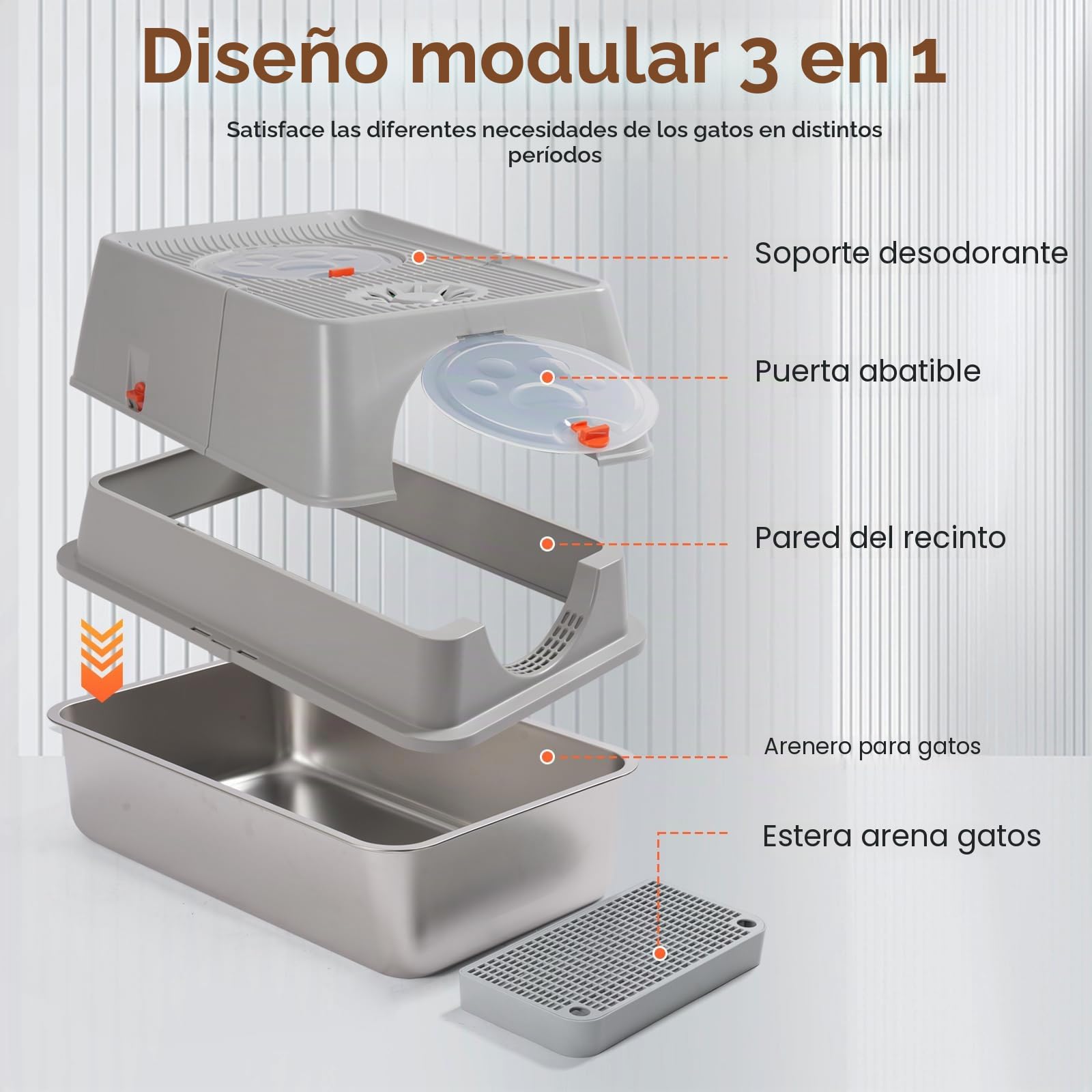 Arenero para gatos de acero inoxidable - Cubierto, adecuado para gatos pequeños, medianos y grandes, fácil de limpiar, control de olores, superficie antiadherente, extraíble, tapa abatible de 180°