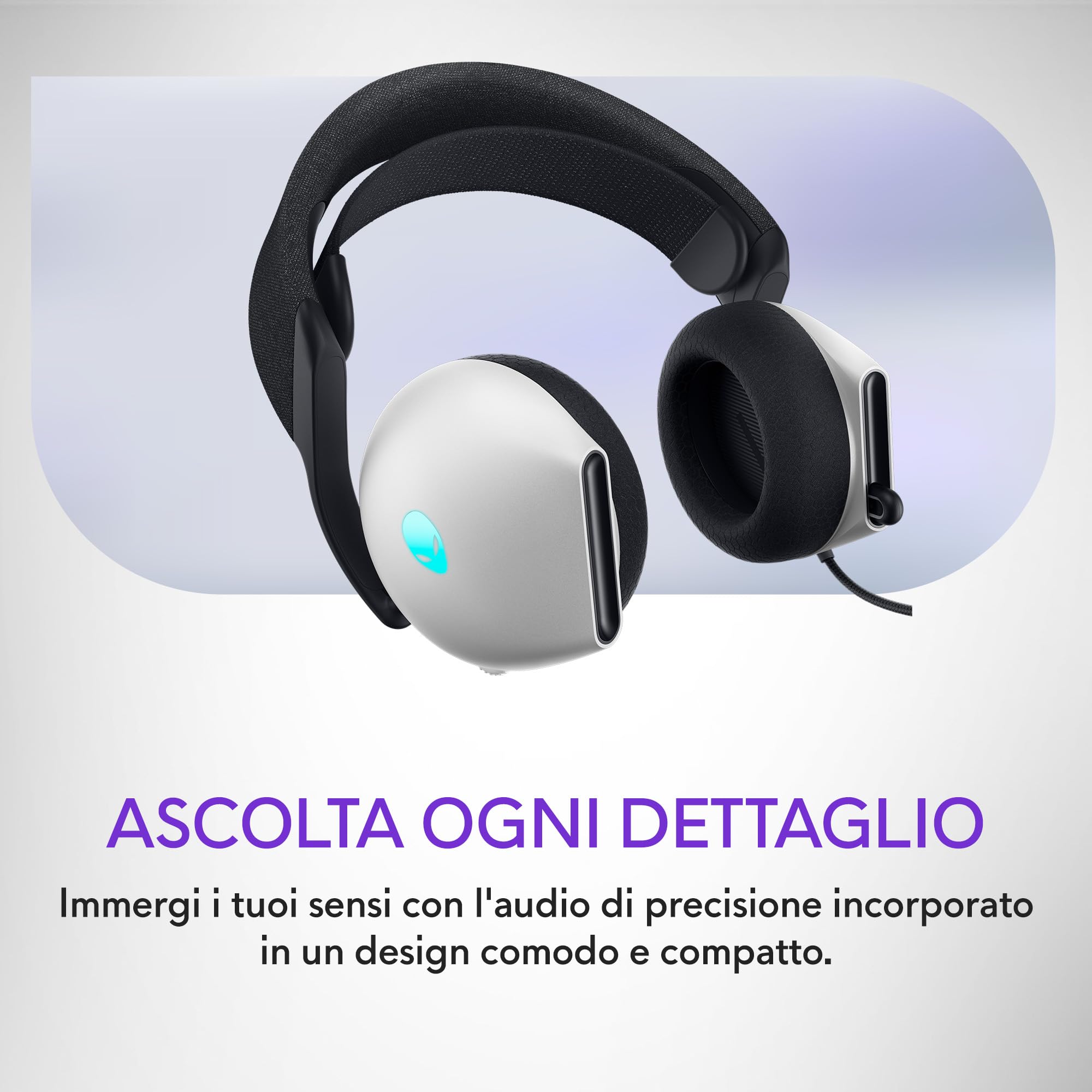 Alienware AW520H Cuffie da Gaming – Cablate con Audio Hi-Res, Dolby Atmos, Microfono Retrattile, Illuminazione RGB AlienFX, Lunar Light