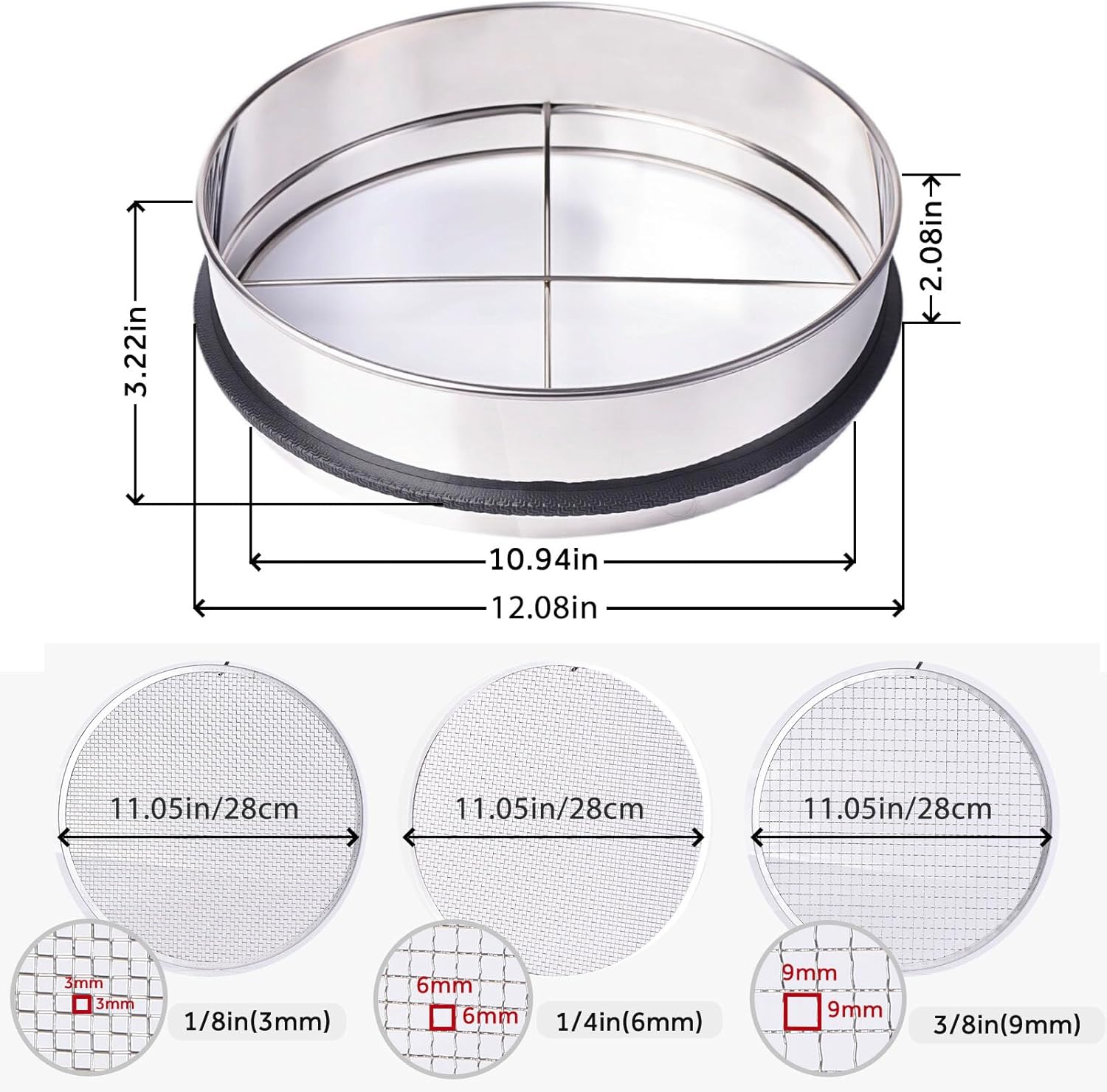 3PCS Thickened Soil Sifter, Dirt Sifter & Rock Sifter Set with 3 Removable Mesh Screens (3mm, 6mm, 9mm) - Reinforced Frame Fits 5 Gallon Bucket