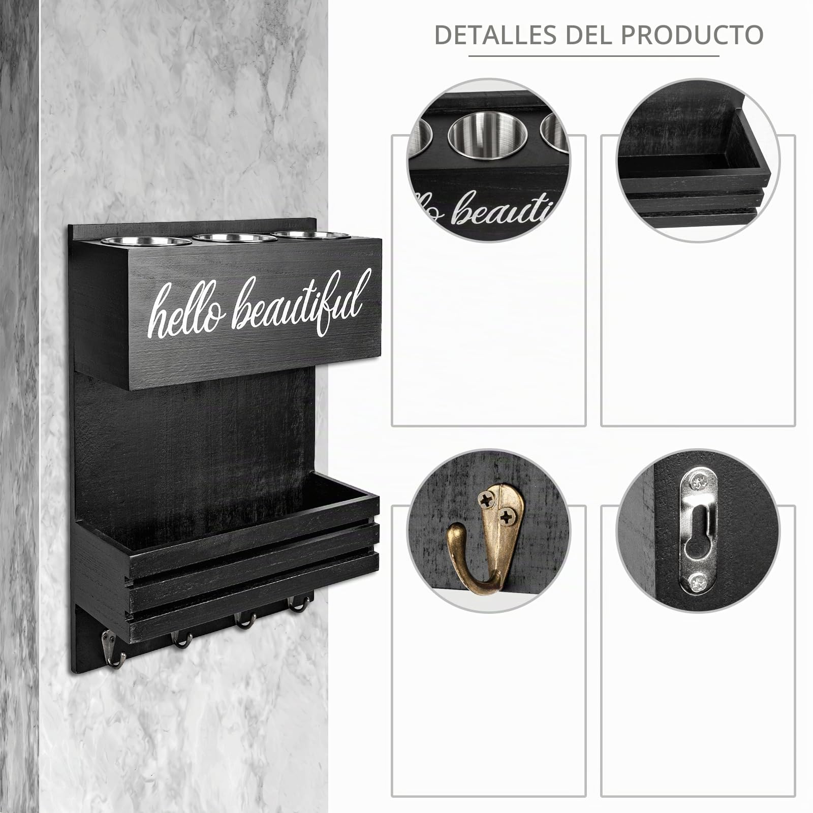 Portasecador de Pelo Madera - Organizador 2 Niveles para Planchas y Cosméticos del Baño,Organizador de Herramientas para el Cabello, Montaje en pared o Mostrador (Negro)