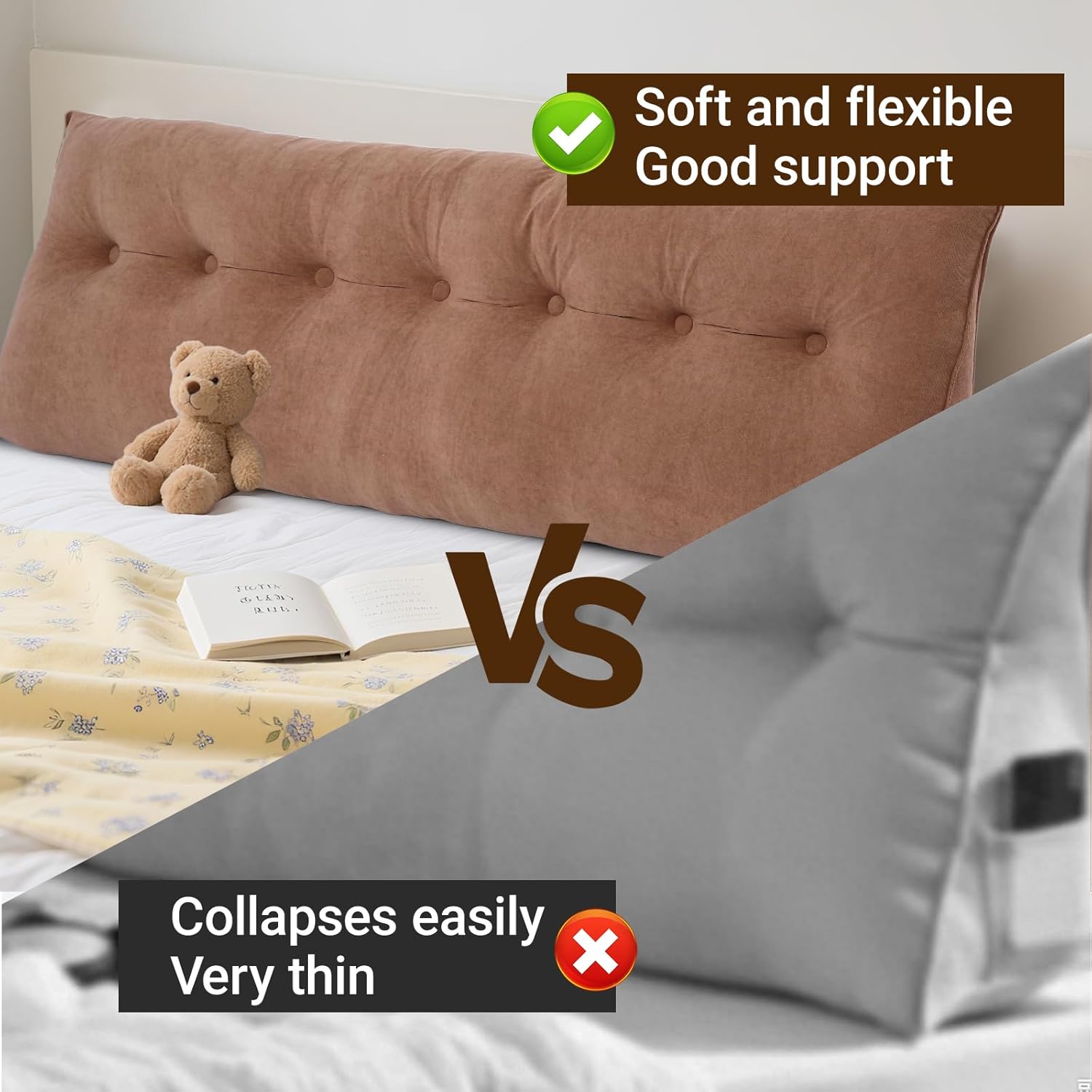 Dollate Triangular Wedge Pillow Queen, Removable Cover Headboard Pillow Comfortable Soft Fabric, Pillow Wedge with 1 Side Pocket, Brown