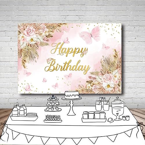 Miniatura 4 de MEHOFOND Telón de fondo bohemio de feliz cumpleaños de 7 x 5 pies para niñas, color rosa rubor, floral, bohemio, hierba de pampas, pasteles,