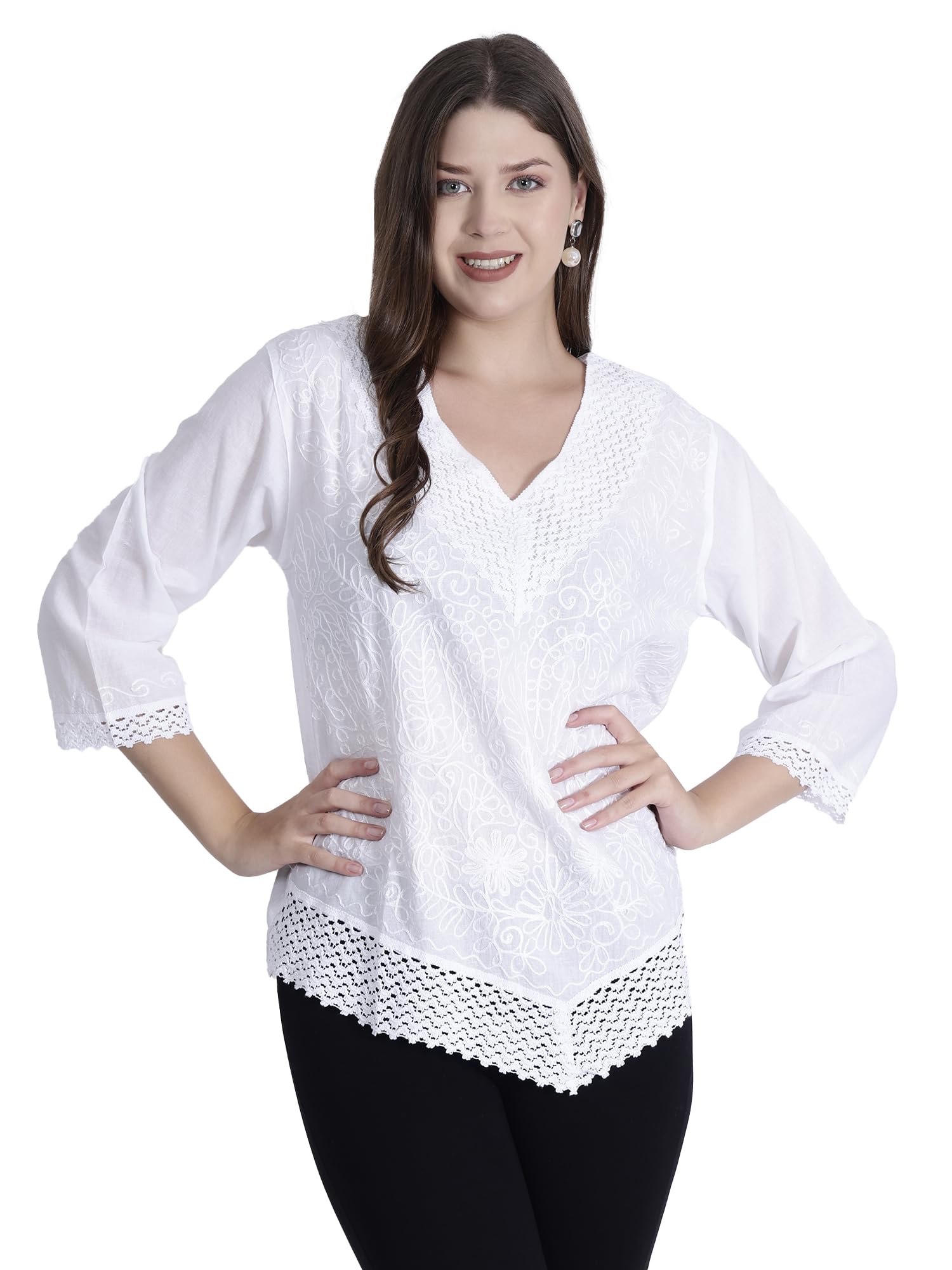 ukal 3/4 Sleeves Cotton Tunic Top/Summer Short Ethnic Chikan Kurti Top/Boho Short Ethnic Dress for Women's and Girl's-picture-23