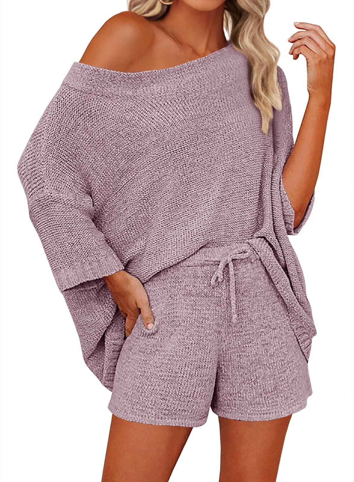Mafulus Women's 2 Piece Outfits Sweater Sets Off Shoulder Knit Top Shorts Matching Suits Cute Pajama Lounge Set