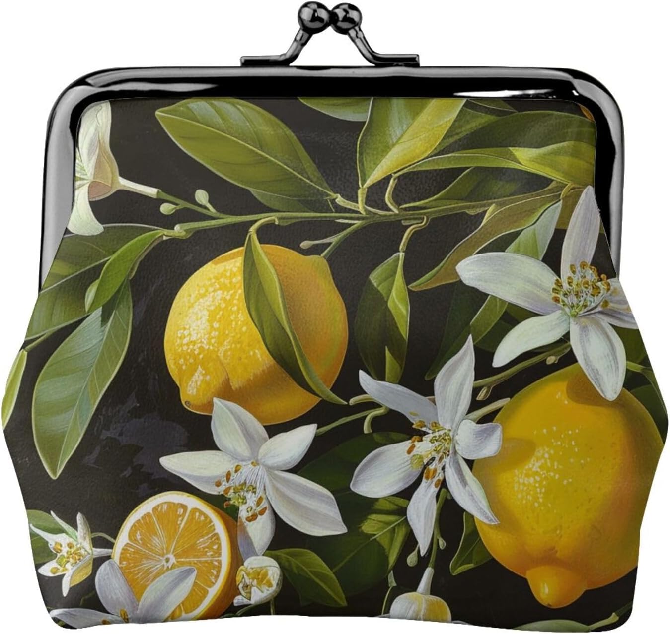 Lemon and Flower Printed Coin Purse for Women Cute PU Leather Coin Wallet Mini Coin Purse Pouch with Kiss-Lock