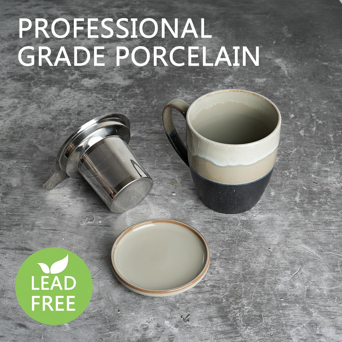 Bosmarlin Tasse à thé en céramique avec infuseur et couvercle, 473,6 g, 4 couleurs au choix, passe au lave-vaisselle et au micro-ondes, tasse à thé avec passoire, glaçage réactif, (gris)