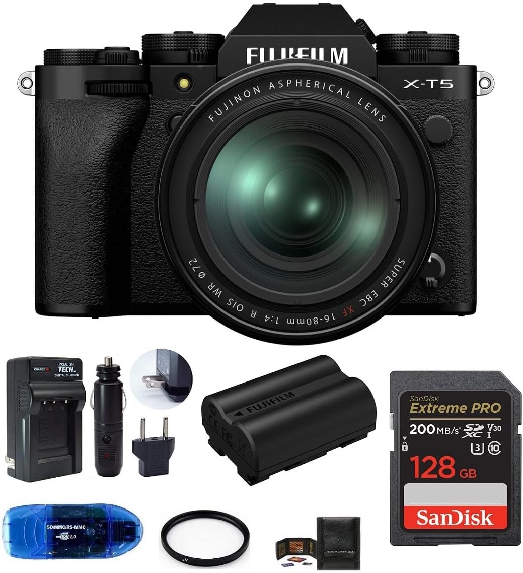 Fujifilm X-T5 Mirrorless Digital Camera with XF 16-80mm f/4 R OIS WR Lens Bundle, Includes: SanDisk 128GB Extreme PRO SDXC Memory Card, Spare Fujifilm NP-W235 Battery + More