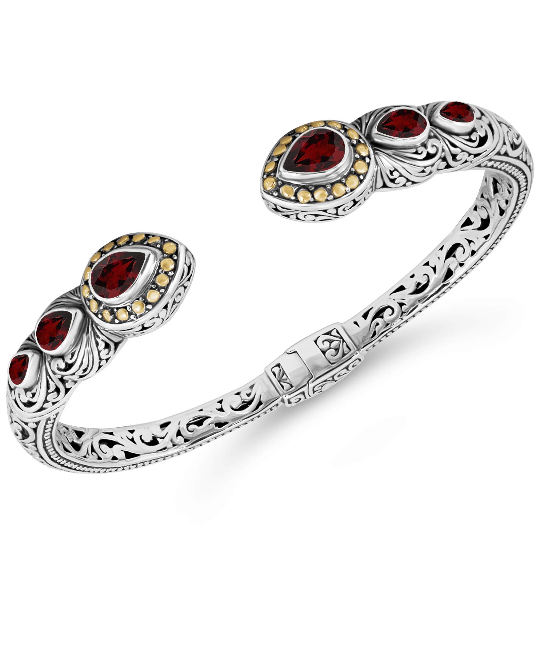 DEVATA Sterling Silver 925 and 18K Gold with Gemstones Bali Filigree Cuff Bracelet