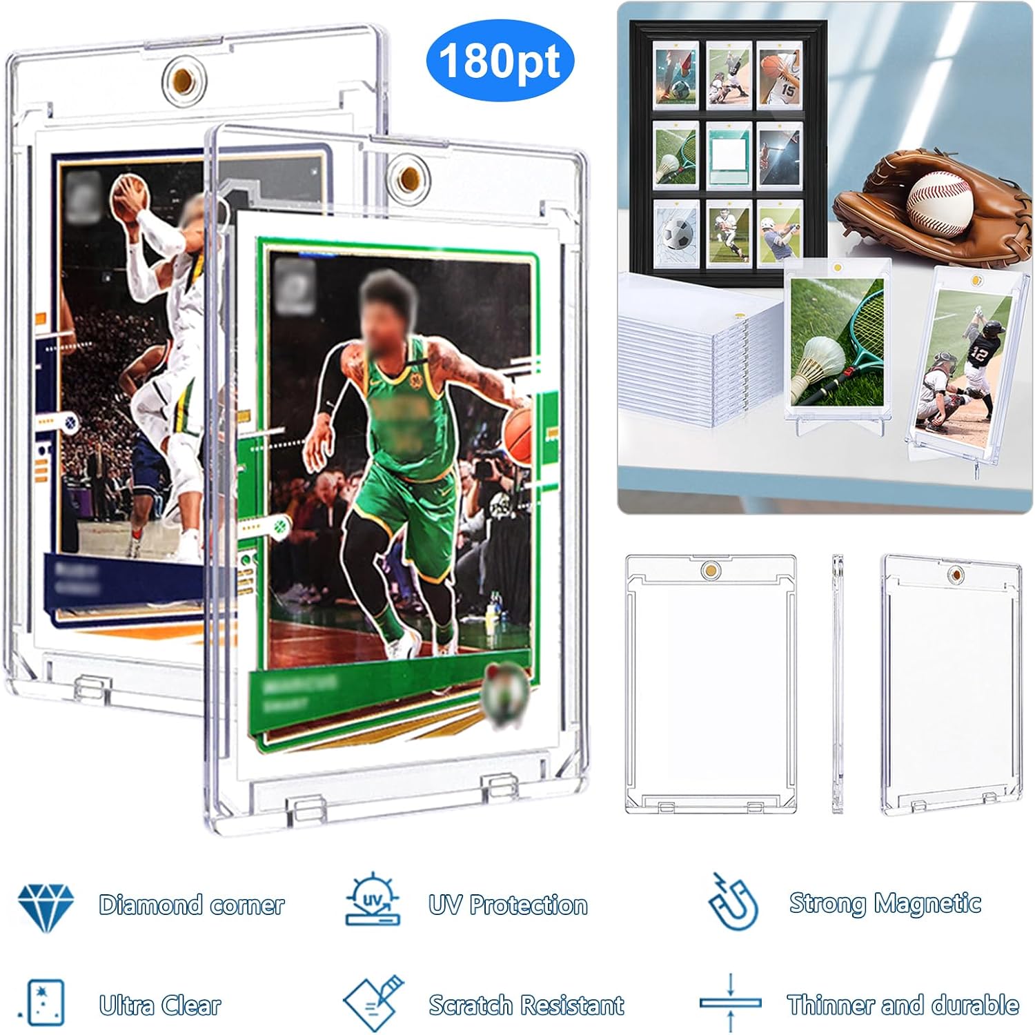 Magnetic Card Holders, Magnetic 180pt One Touch Card Holders, U-V Protection Hard Plastic Display Case for Trading, Sports, Baseball, Football, Game Cards (100 Pack)