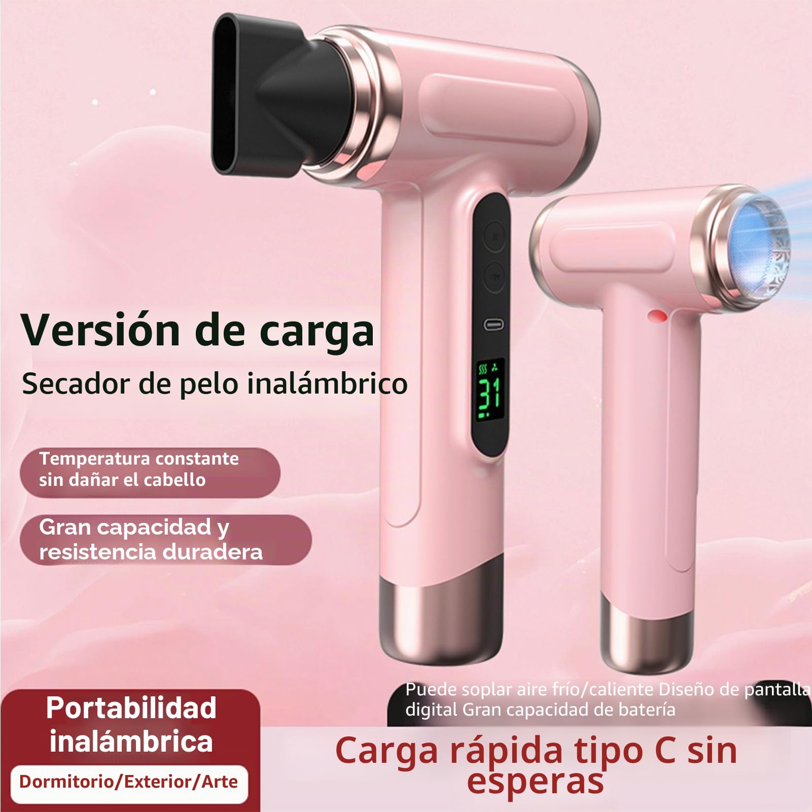 Secador de pelo inalámbrico de viaje de 200 W, secador de pelo portátil USB C recargable, con pantalla digital, 3 velocidades de viento y 3 temperaturas, motores de cepillo (rosa)