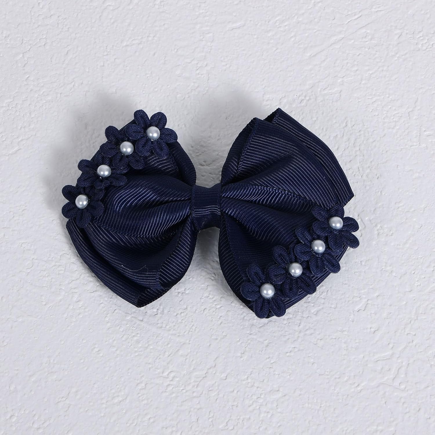 4" Navy Blue Flower Hair Bows for Girls Pearl Bowknot Hair Clips Floral Ribbon Alligator Barrettes Toddler Teen Kids Women Wedding Pageant Communion Party Dress Decor Accessory