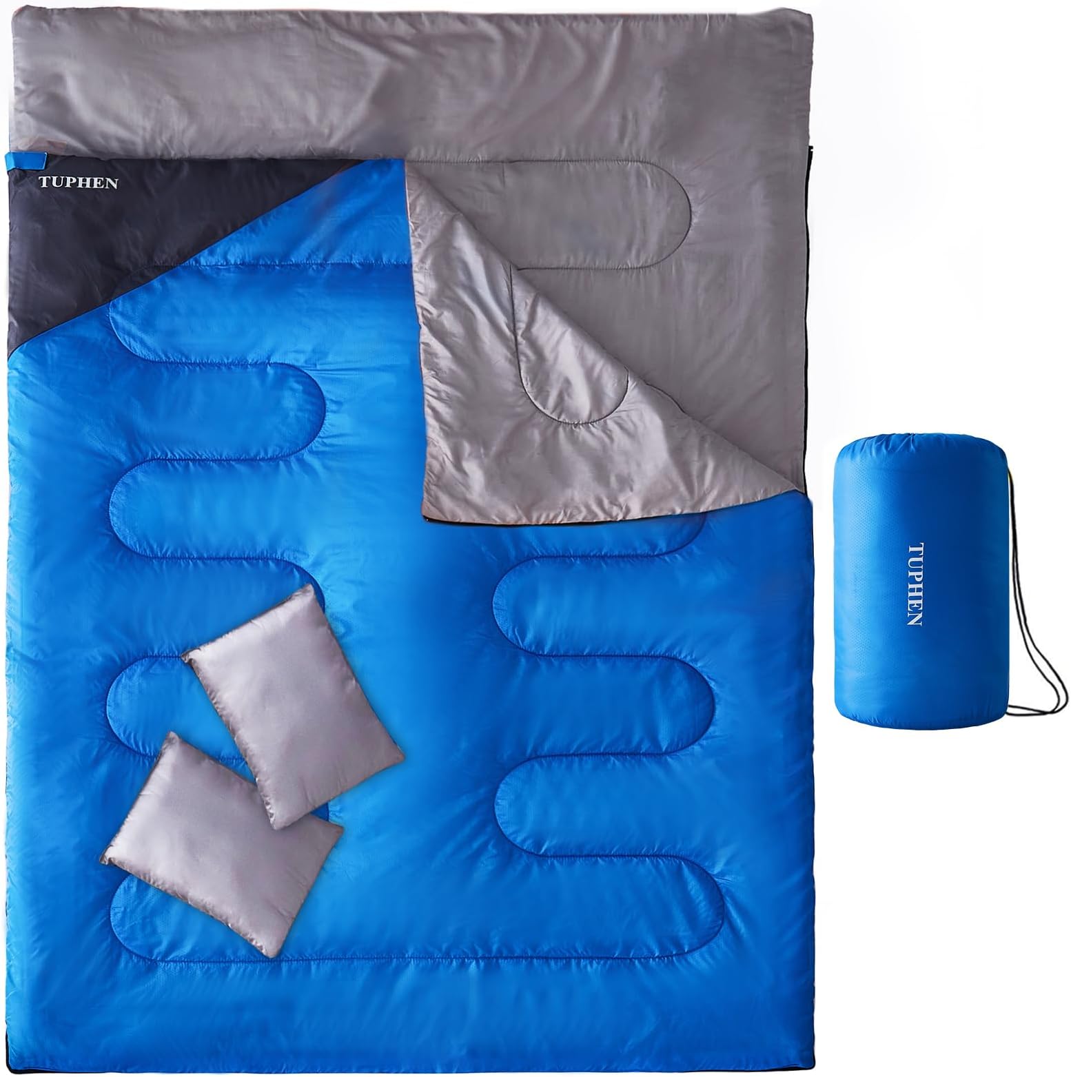 Tuphen Double Sleeping Bag, Sleeping Bag with 2 Pillows, Queen Size XL Bag for 2 People, Cold Warm Weather- 3 Seasons, Waterproof Adults for Camping, Backpacking or Hiking