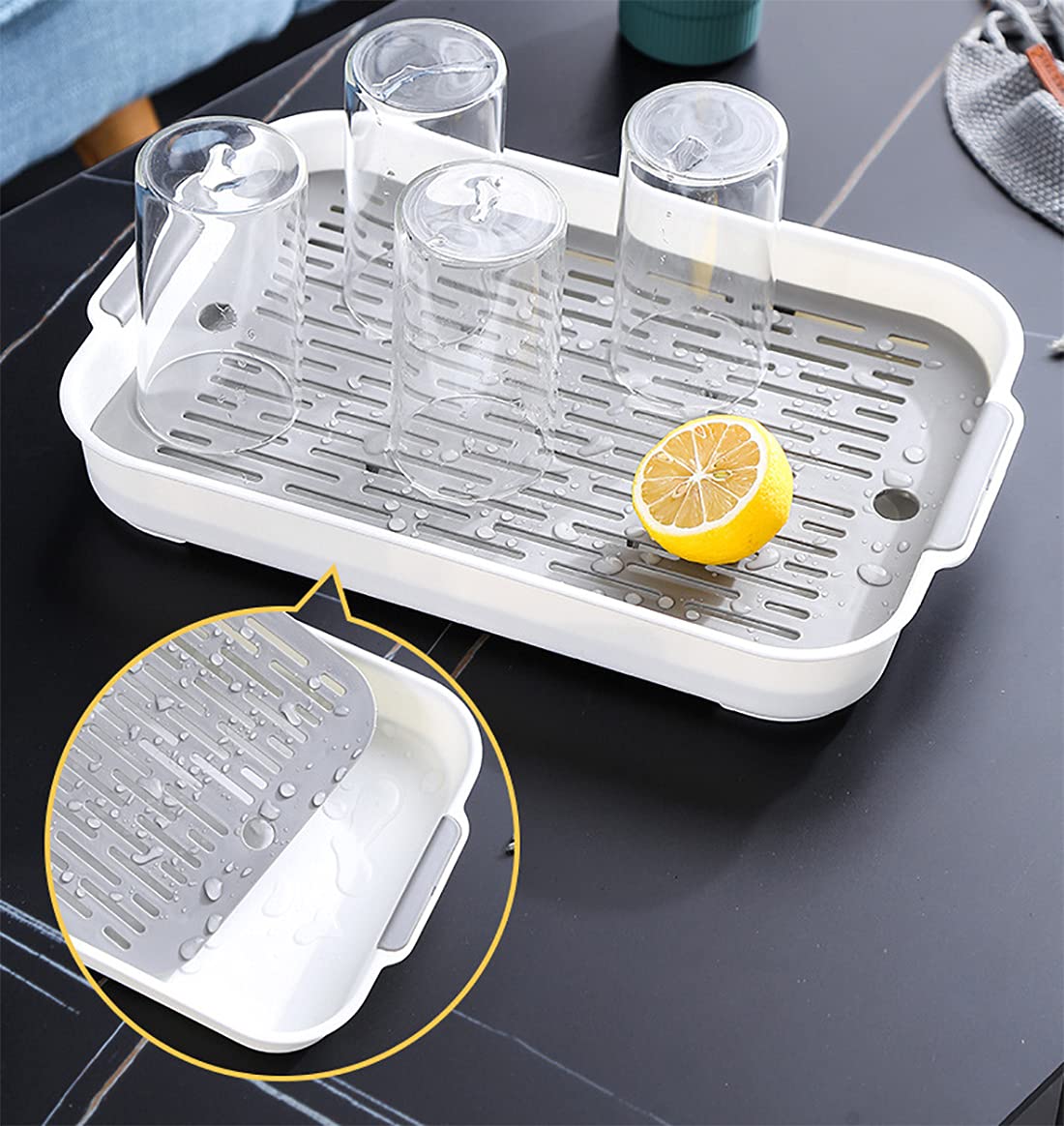 Bandeja rectangular de plástico para servir con doble drenaje, antideslizante, bandeja para desayuno en la cama, bandeja de mesa de café, color azul, 36,5 x 24,5 x 4,9 cm, perfecta para fiestas y uso