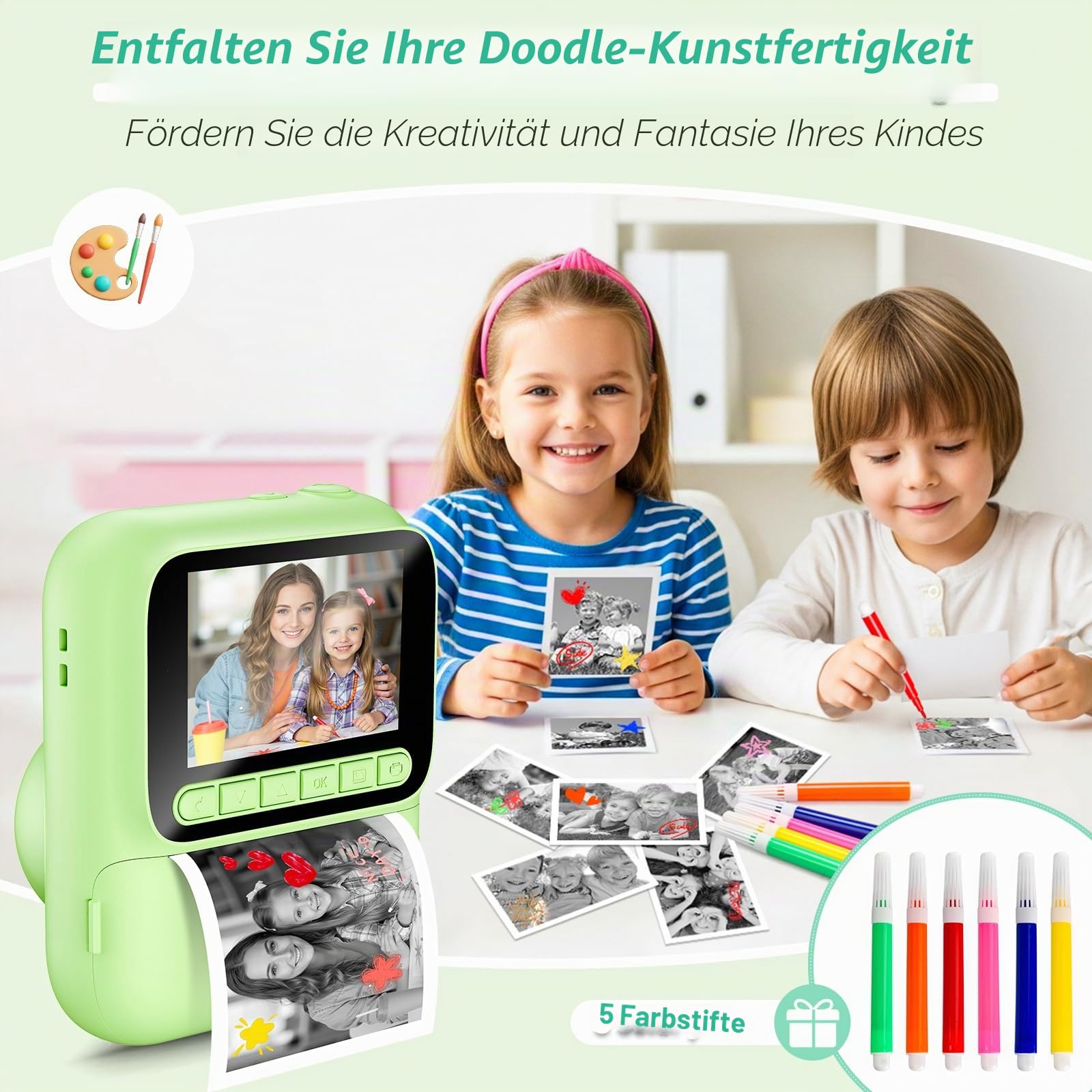 Sofortbildkamera für Kinder,1080P Kinderkamera mit 5 Rollen Druckpapier,32GB-Karte und Farbstiften,Tragbare Digitalkamera für Jungen und Mädchen,Geschenke für Kinder im Alter 3–14 Jahren (Grün)