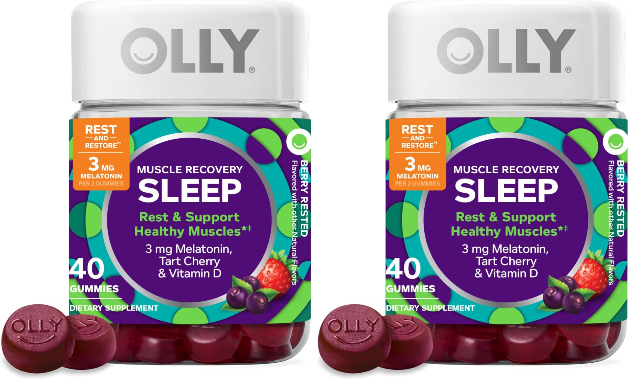 OLLY Muscle Recovery Sleep Gummies, Sleep and Sore Muscle Support, 3mg Melatonin, Tart Cherry, Vitamin D, Berry Flavor - 40 Count (Pack of 2)