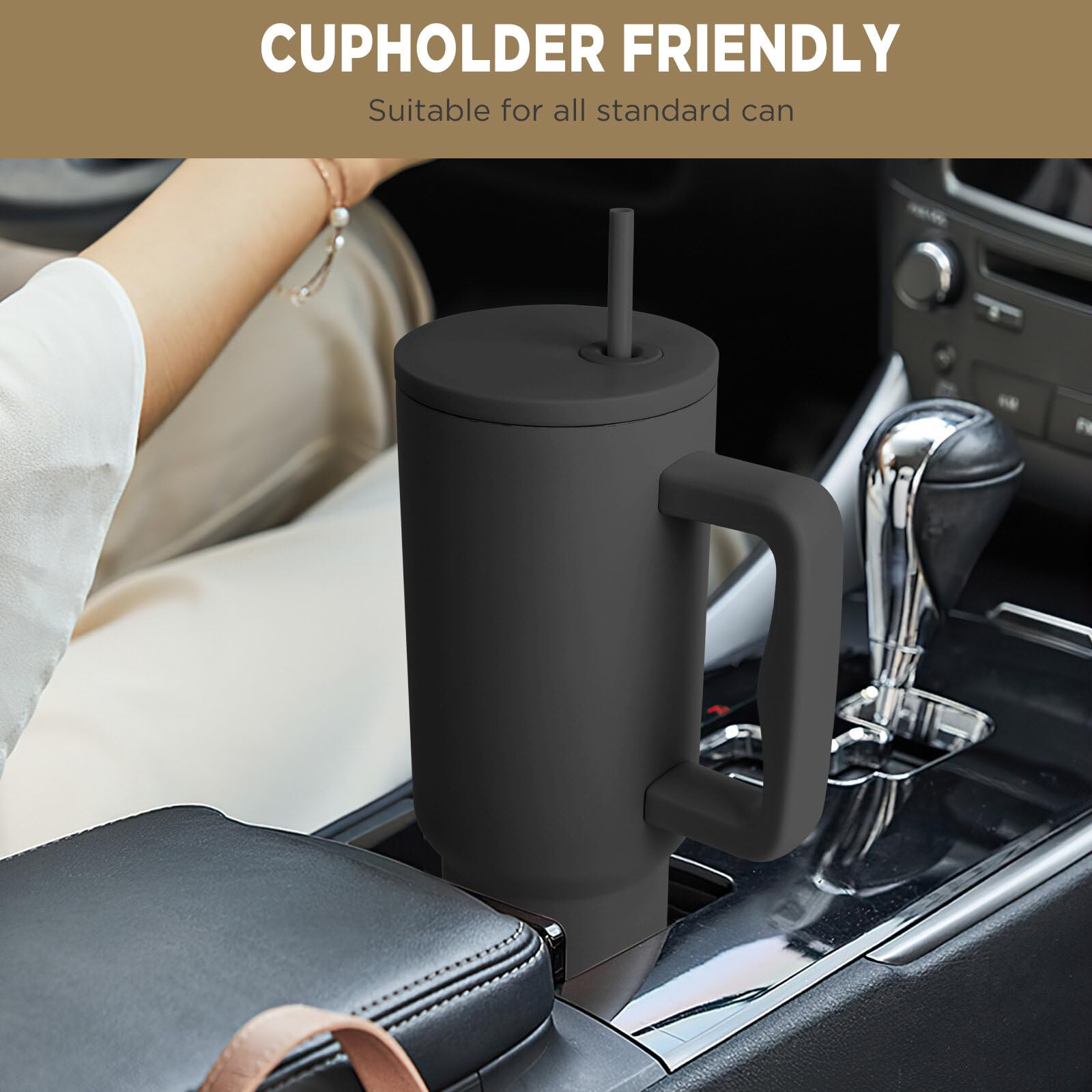 ONEVER Tazza da viaggio con manico, cannuccia e coperchio, in acciaio inox, isolamento sottovuoto, a tenuta stagna, a doppia parete, per acqua, tè freddo o caffè, colore nero