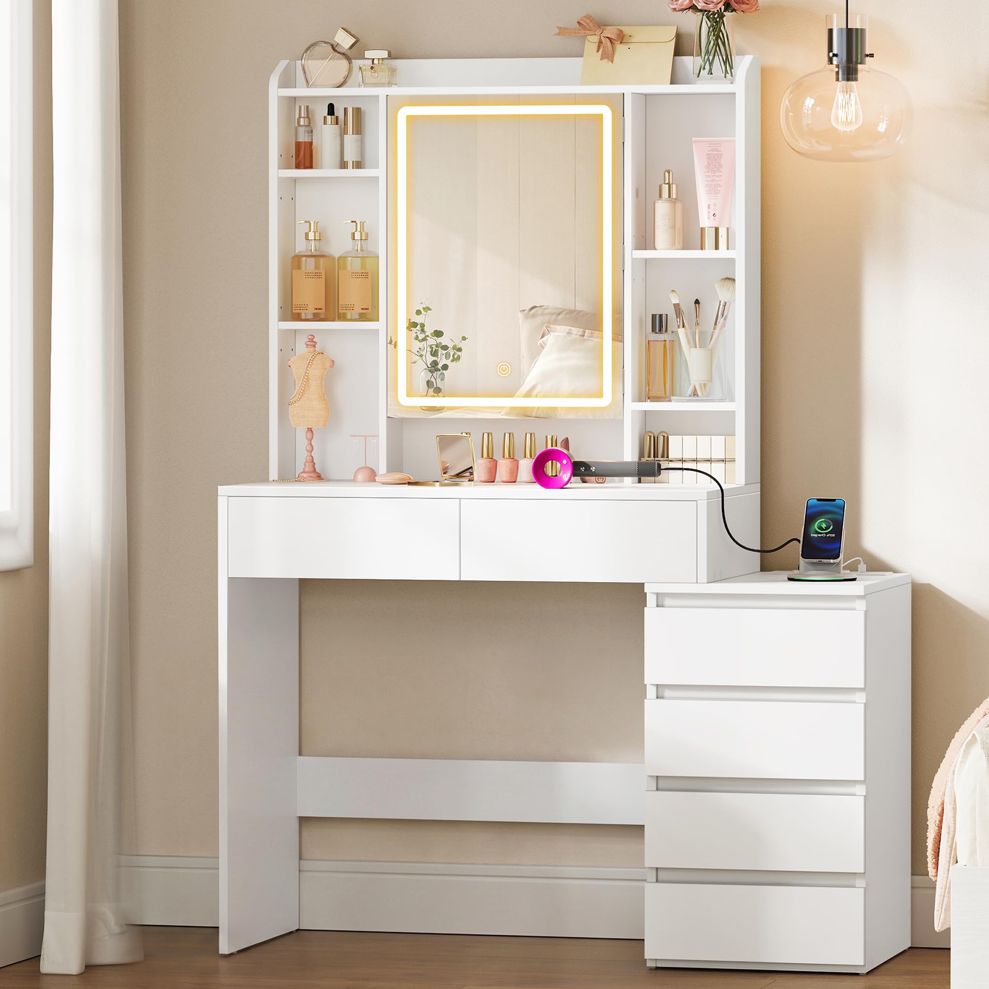 VASAGLE Coiffeuse avec Miroir LED, Luminosité Réglable, Multiprise, Table de Maquillage, 40 x 105 x 145 cm, Compartiments Ouverts, Étagères Réglables, Moderne, Blanc Nuage, Kailyn RDT144WB01