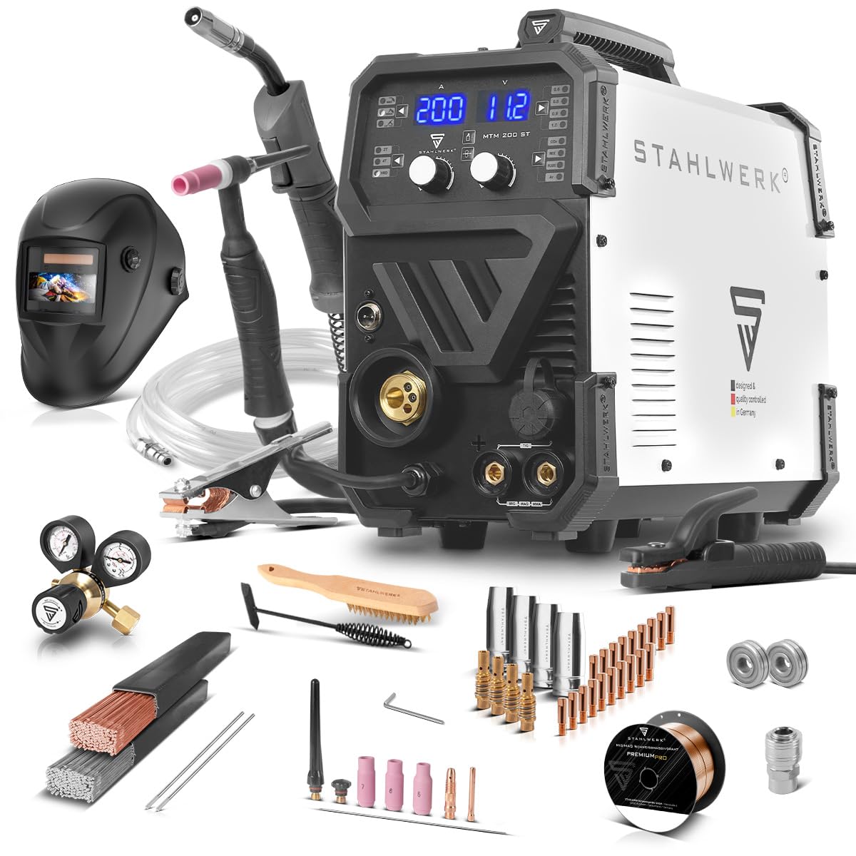 STAHLWERK Schutzgasschweißgerät 3-in-1 Kombi MTM-200 ST – Vollausstattung – WIG, MIG/MAG, MMA/E-Hand bis 200 A, synergischer Drahtvorschub, 4-Rollen-Antrieb, Fülldraht geeignet, Stahl, Dünnblech