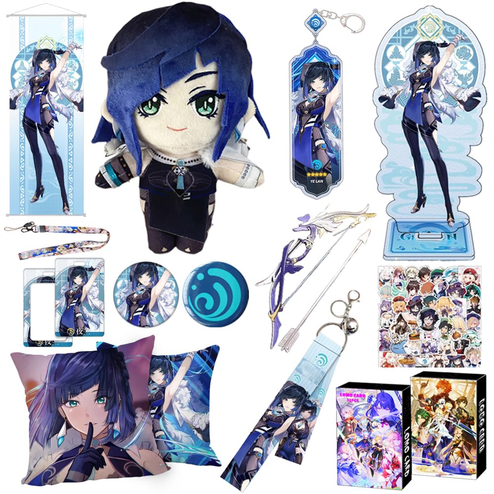 Genshin Merch Box-Including Doll,Pillowcase,Acrylic Stand,Amulet,Keychain,Bell Pendant,2 Brooch,30 Lomo card,50 Sticker, Yelan, 9.84*7.78*2.76inch