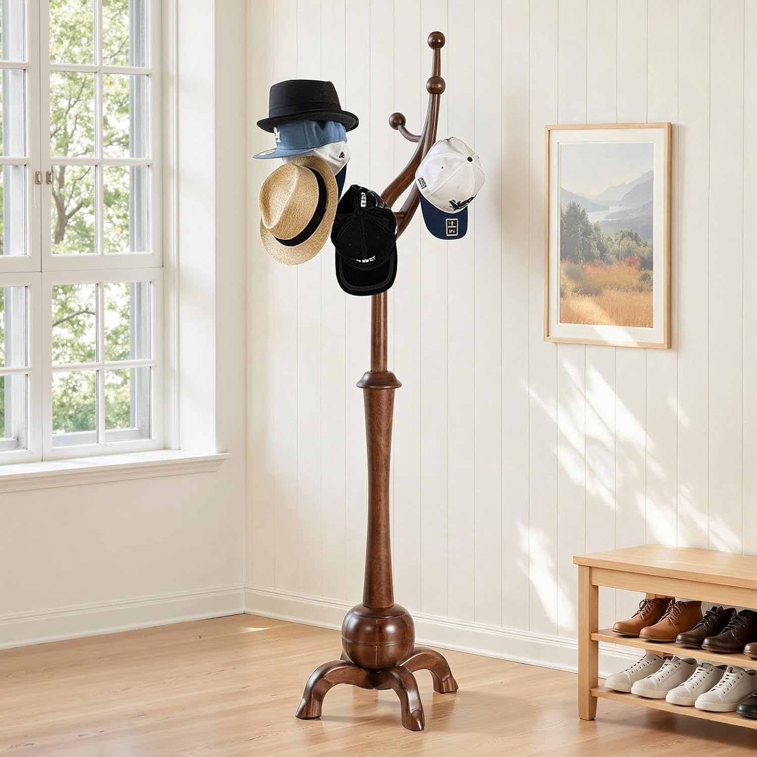 Wooden Coat Rack Freestanding with 8 Hooks, Heavy Duty Coat Hanger Stand with Stable Base, Vintage Coat Tree Standing Coat Racks for Entryway, Hallway, Bedroom (Walnut)