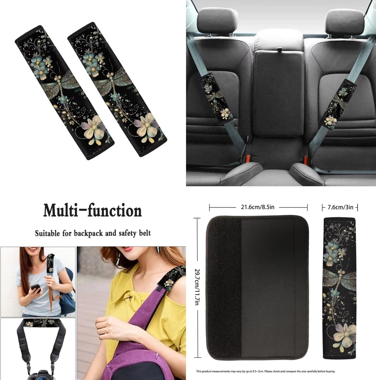 WELLFLYHOM Dragonfly Car Seat Covers Full Set 11 Pcs Black Car Accessories for Women Boho Floral Front Rear Seat Covers with Steering Wheel Covers Seatbelt Pads Car Keychain and Coaster