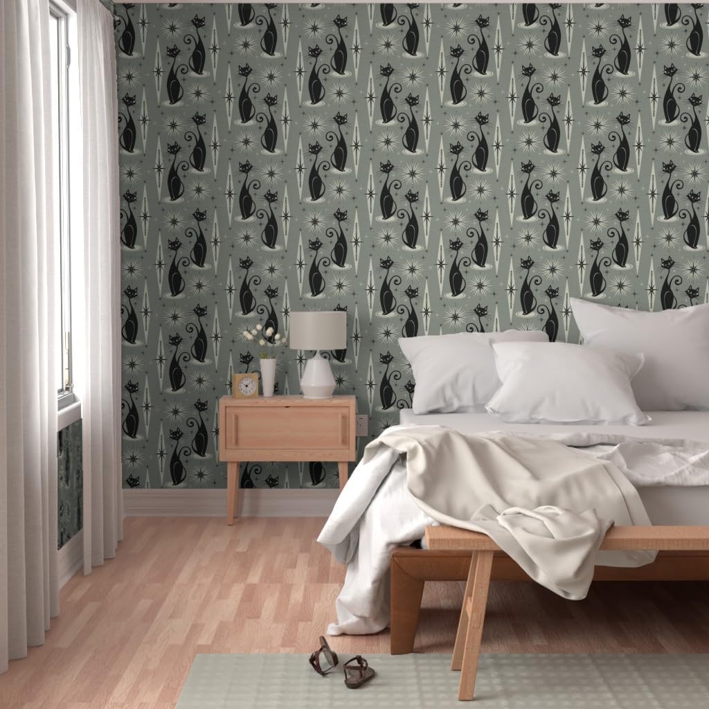 Peel & Stick Wallpaper Swatch - Mid Century Gray Vertical Diamonds Retro Cat 1950S Cats Fifties Atomic Custom Removable Wallpaper by Spoonflower
