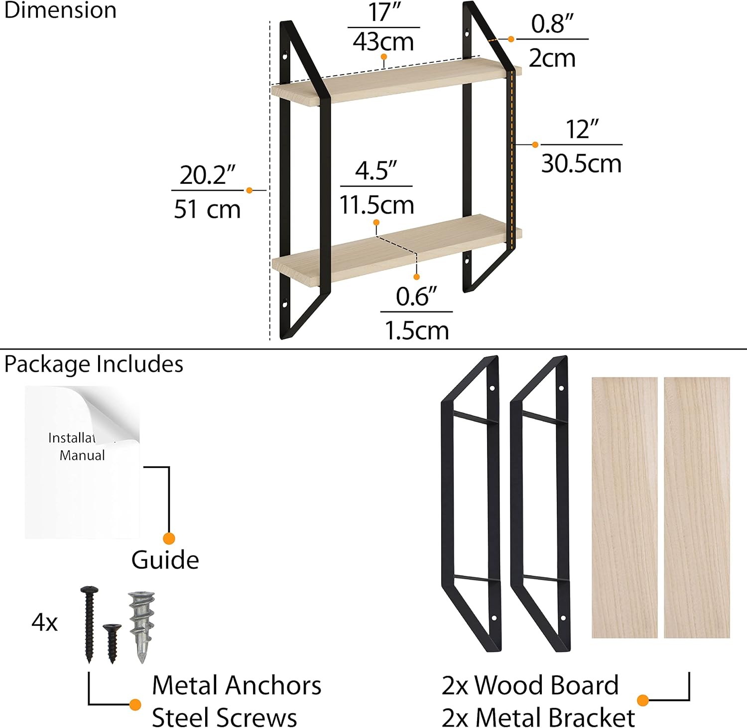 Wallniture Ponza Floating Shelves for Wall Storage, Bookshelf Living Room Decor, Kitchen Organization, 2-Tier Bathroom Organizer, Wall Shelves for Bedroom Natural Finish