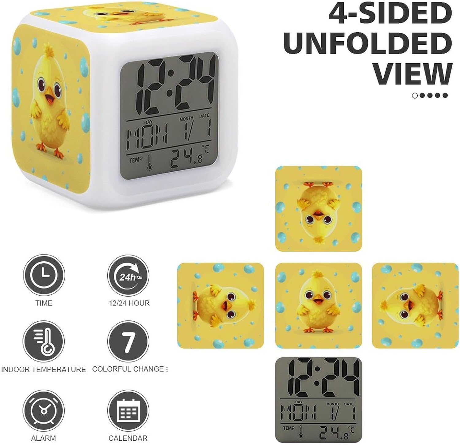 7-Color Changing Alarm Clock with Cute Yellow Chicken Design, Multifunctional LED Digital Clock with Temperature Display Smart Digital Alarm for Home & Office Decor image 4