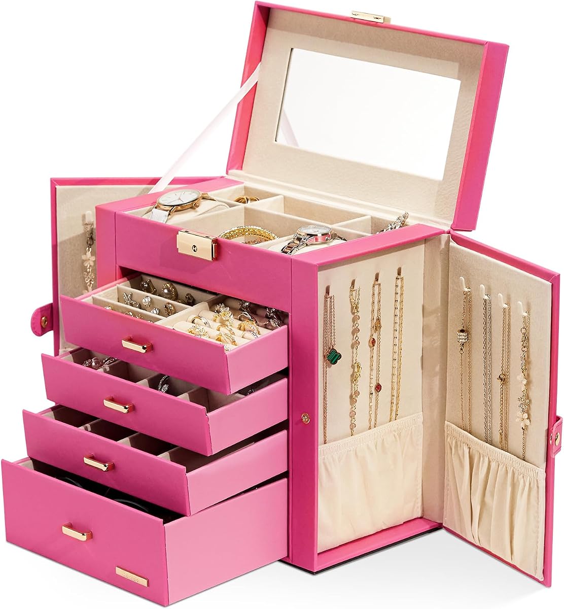 Homde Joyero Grande para Mujer: Organizador de 5 Capas con Cerradura para Cómoda | Almacenamiento separado para collar, pendientes, anillo, reloj para ordenar las joyas diarias, mantener los tocadores ordenados, regalo de cumpleaños
