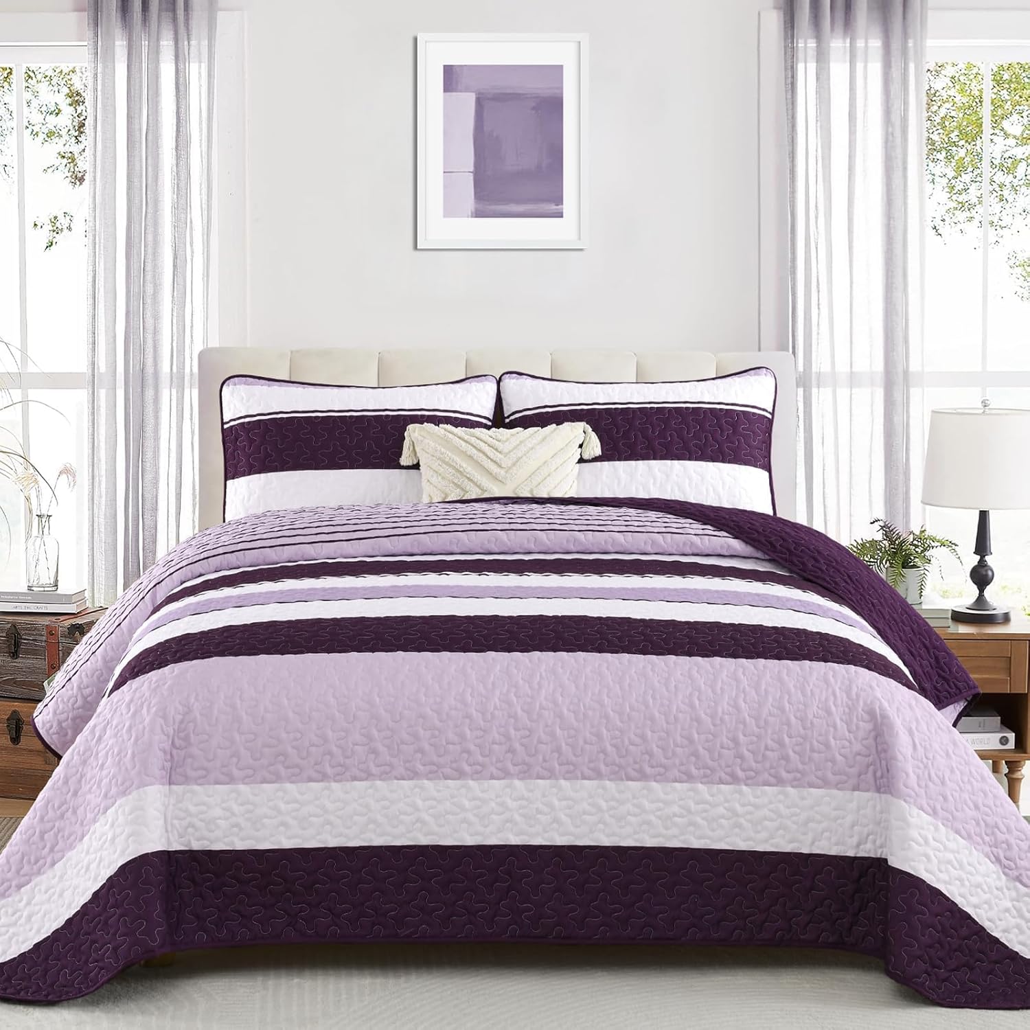 Dinjoy Purple Striped King Size Quilt Set,Boho King Quilt Bedding Set Lightweight Bedspreads Micofiber 3 Pieces Farmhouse Quilts Lavender Patchwork Coverlet Bed Sets for Fall Winter