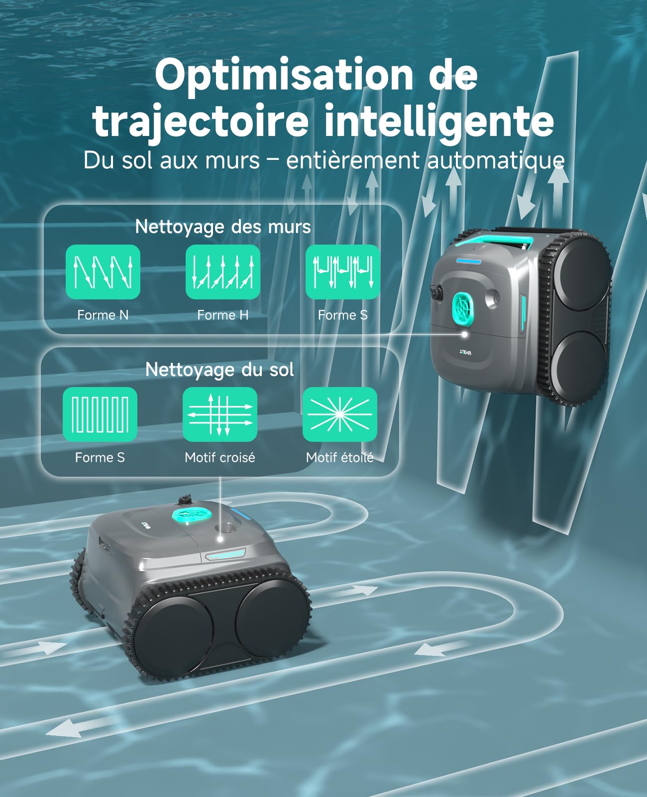 WYBOT C2 Robot Piscine sans Fil pour Piscines Enterrées 150㎡, Double Filtration, 3 Moteurs, Aspiration Puissante, Nettoyage Parois & Ligne d'eau, 180 Min, App(Vert Brume-Vert)