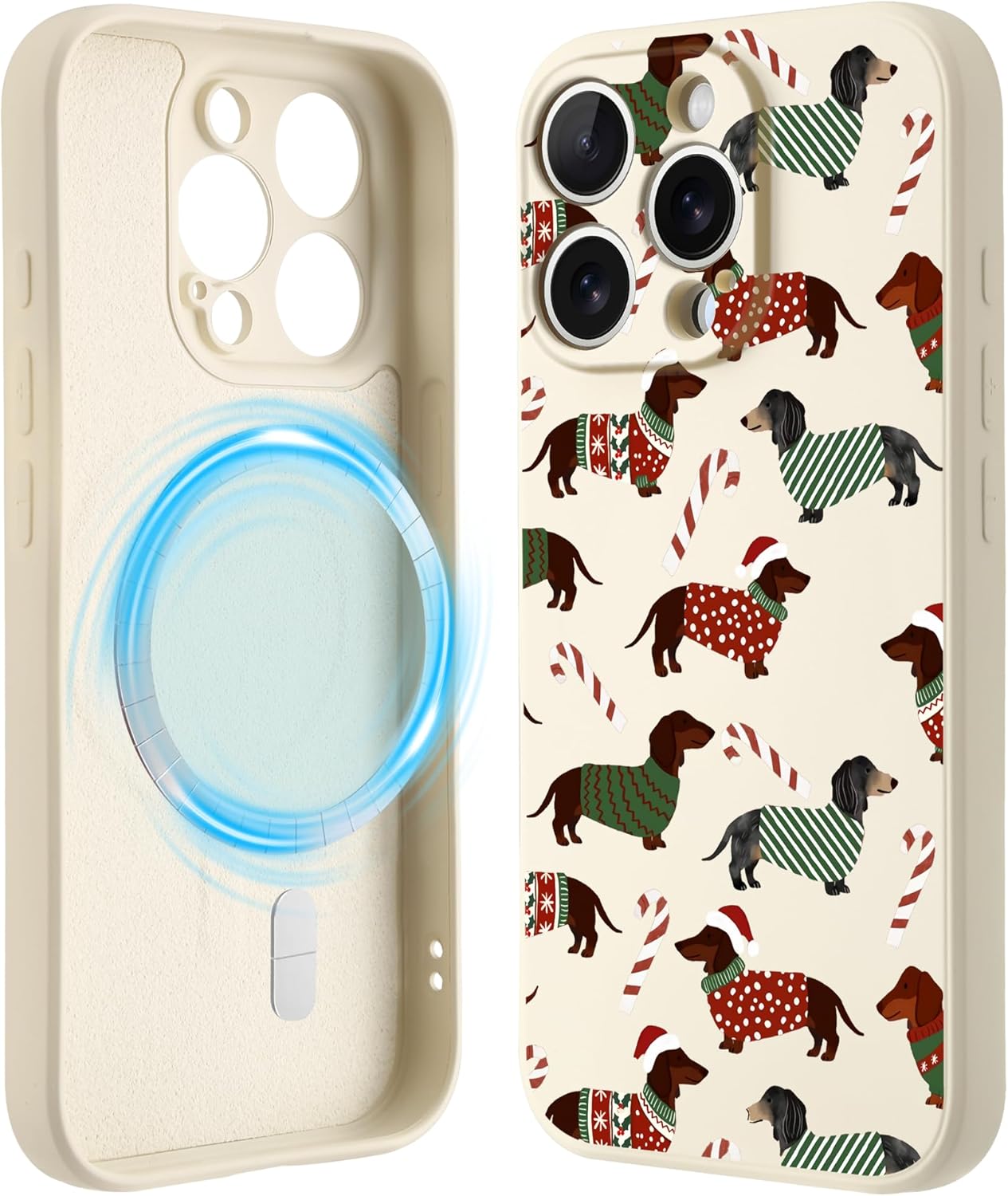Idocolors Cute Christmas Dachshund Case for iPhone 16 Pro Max 6.9", White Xmas Phone Case, Compatible with MagSafe, Soft Liquid Silicone Phone Cover with Camera Lens Full Protection
