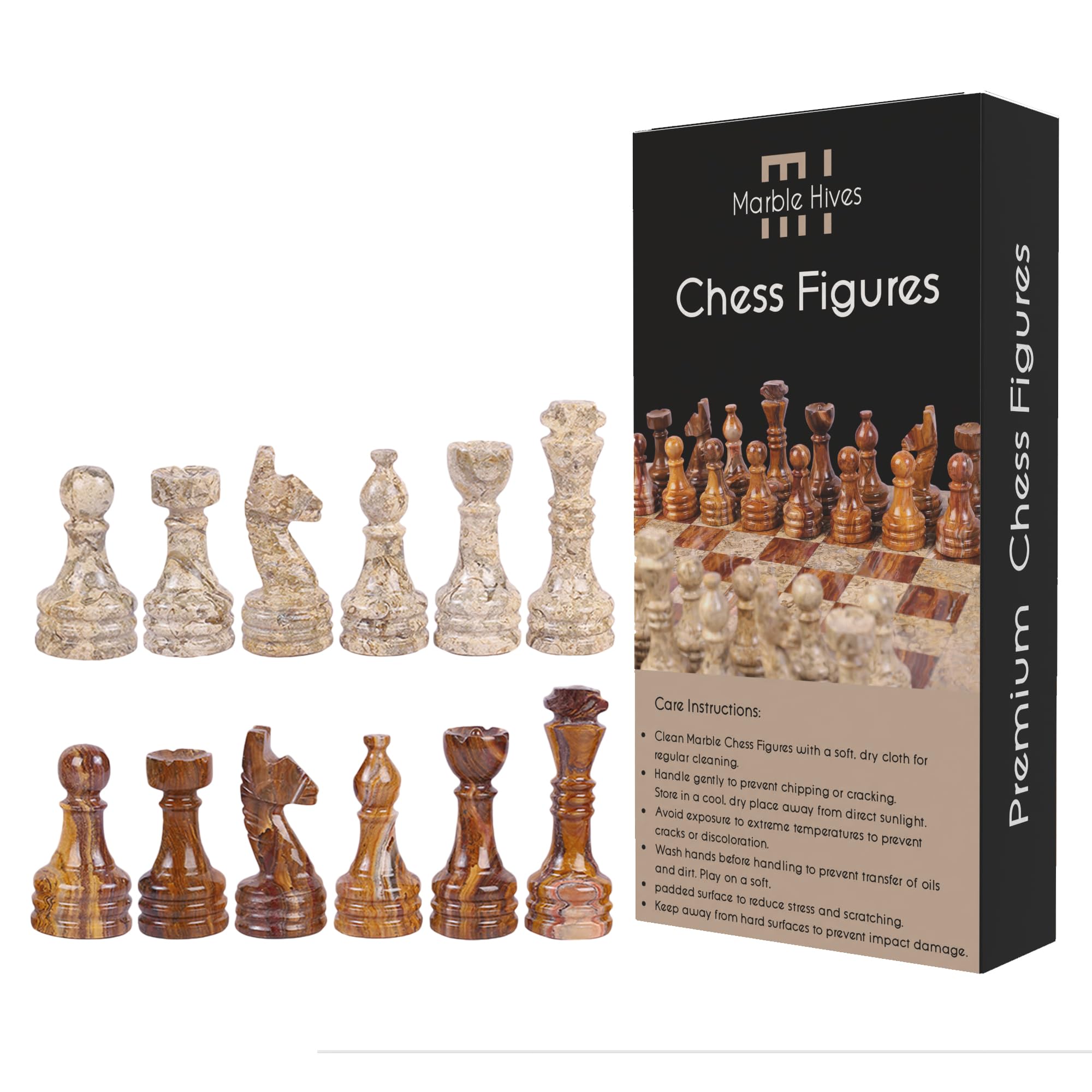 Handmade Marble Chess Set - Luxury Handmade Marble Set for Adults - Premium Quality Boards -10,12,15 & Only Figures (Coral and Brown) (Only Figures, Coral and Brown)