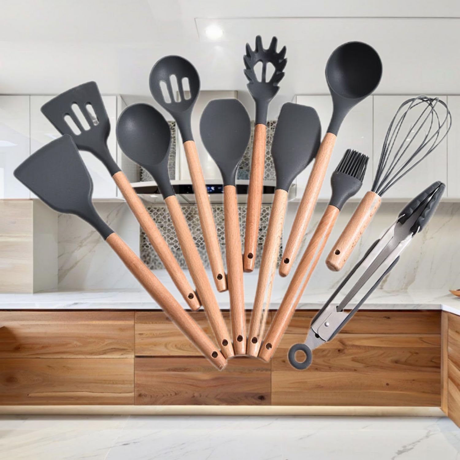 Kitchen Ceramic Cookware Sets, 北欧风木柄硅胶厨具十二件套不粘锅烹饪锅铲勺收纳桶厨房 Kitchen Gadgets, Cook Accessories 工具 KCookware Accessories - 1021