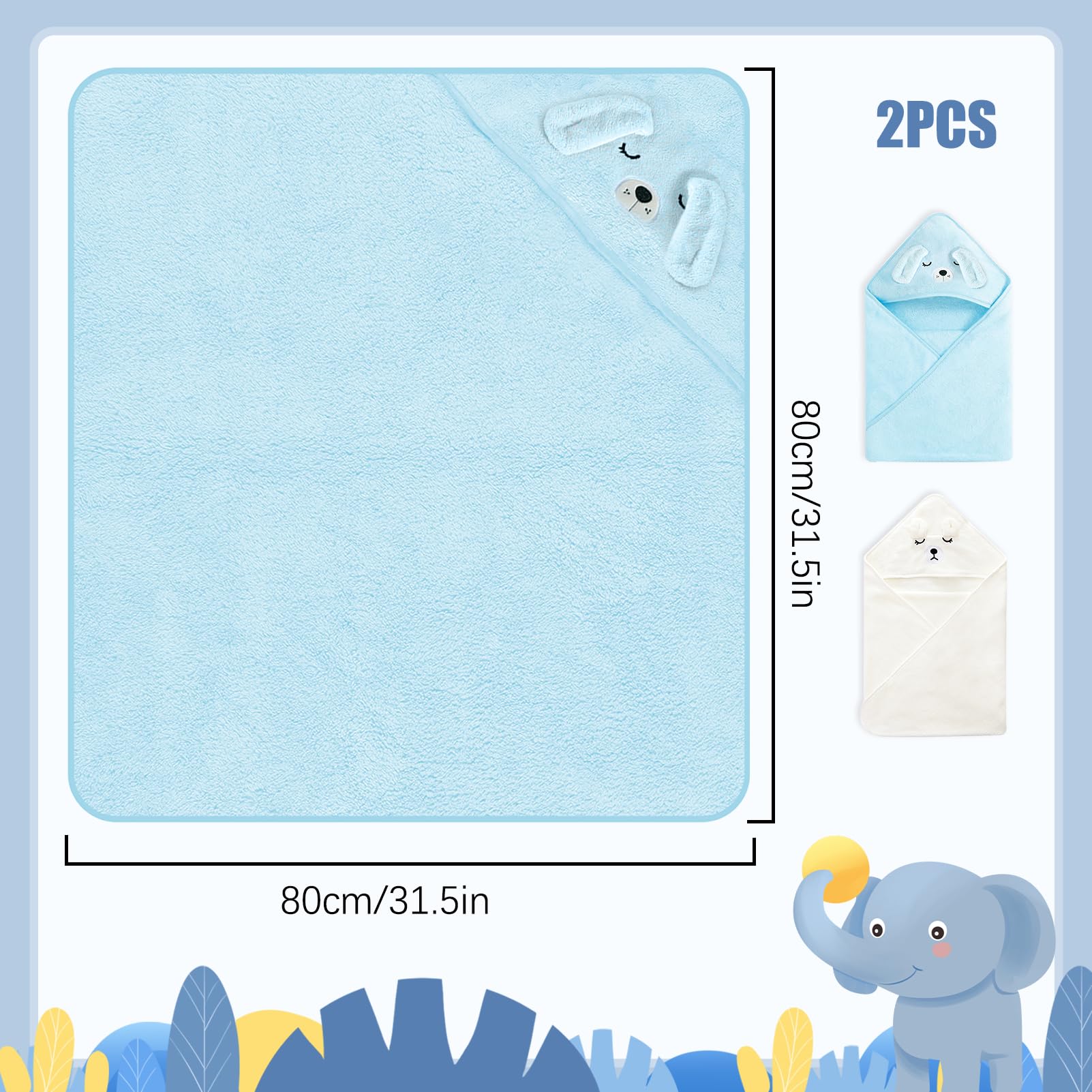 2 Pièces Serviette de Bain Capuche Bébé,Cape de Bain à Capuche,Serviette Housse,Sortie de Bain Bébé avec Design Animal,80 x 80 cm (Bleu et Blanc