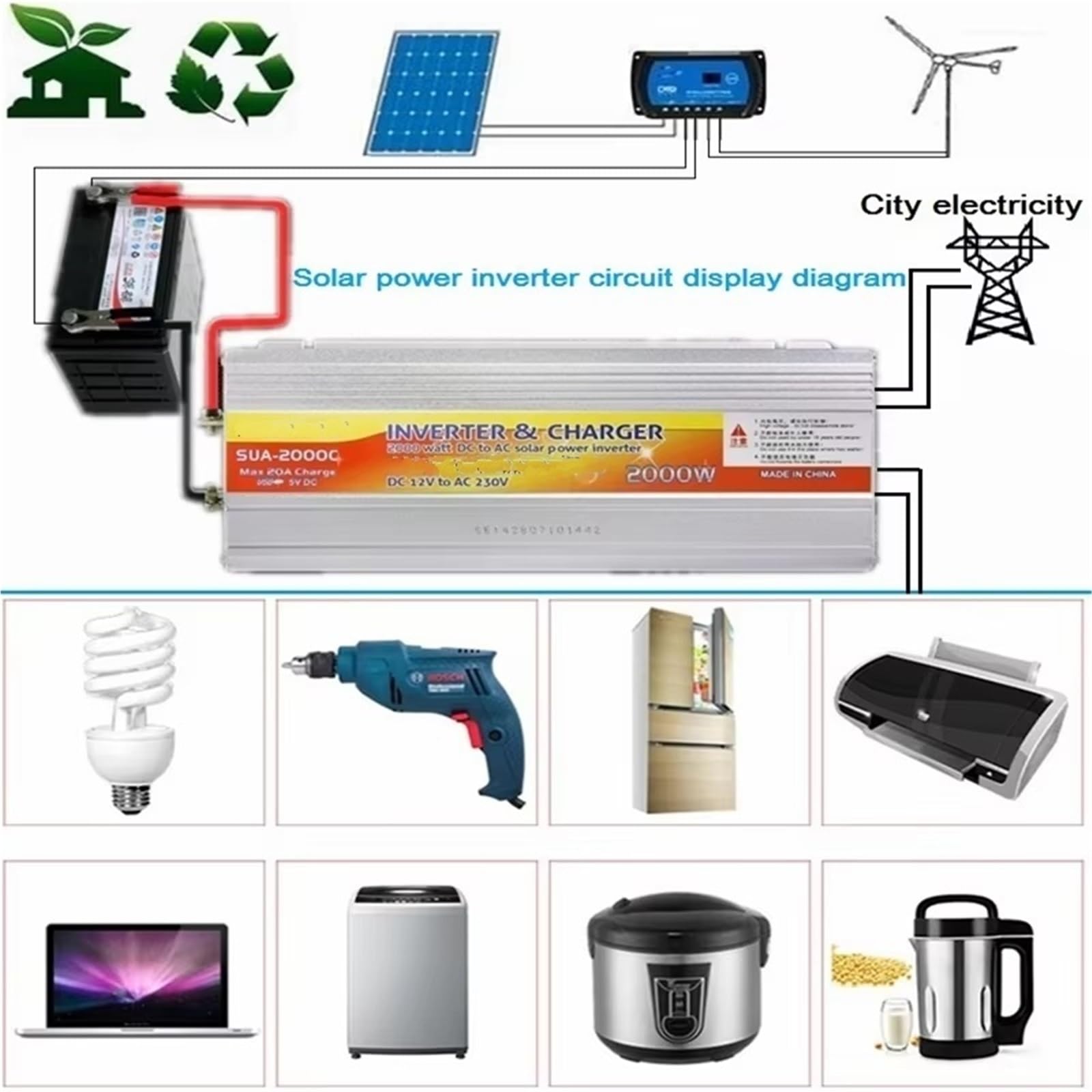 Inversor Inversor De Energía Solar Híbrido De 12 V Y 220 V Cargador Transformador De Voltaje USB 500 W 1000 W 2000 W Adaptador para El Hogar Transformador de Voltaje(12V 2000W)